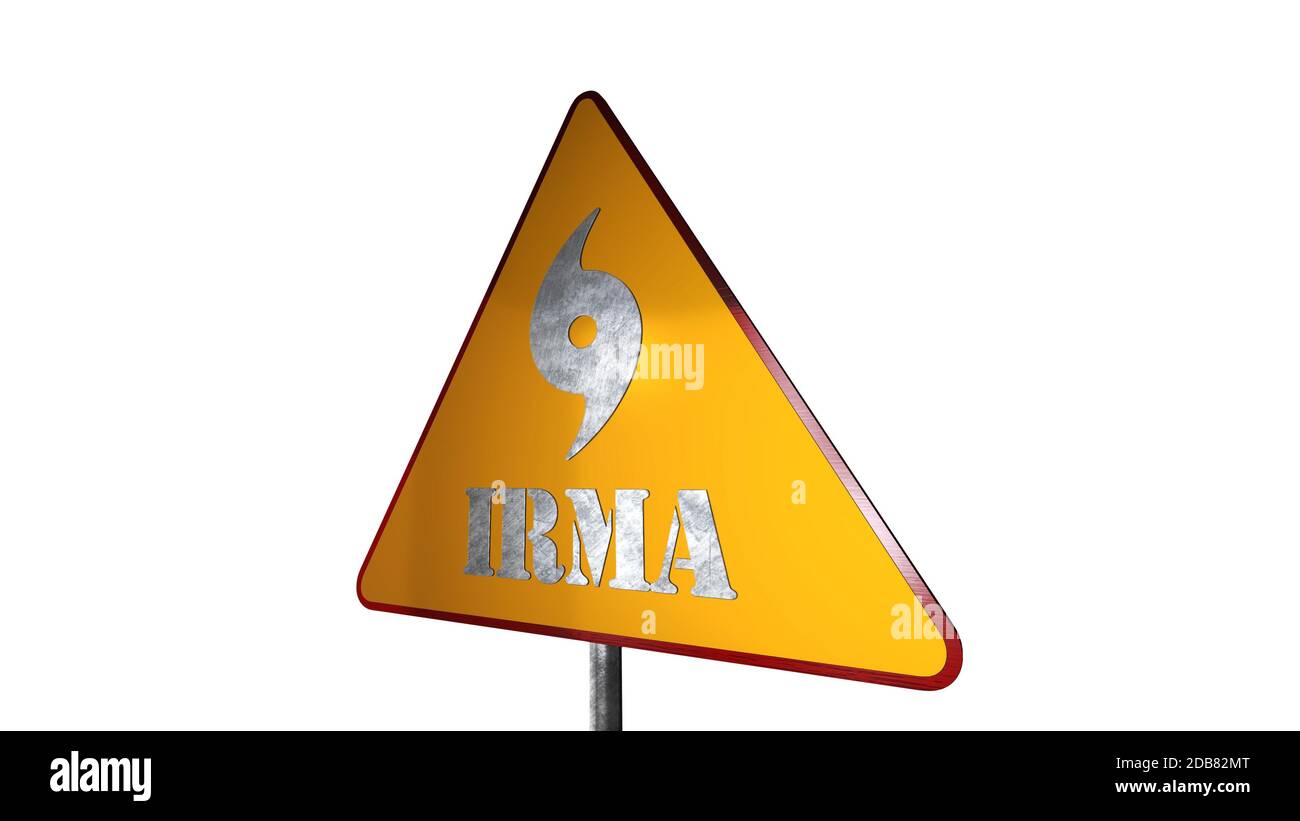 Irma Hurrikan Warnung Schild isoliert auf weißem Hintergrund, 3D-Rendering Stockfoto