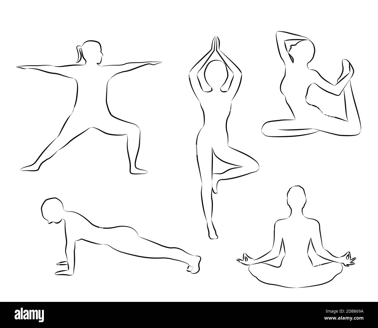 Frauen tun Yoga-Übungen Silhouetten skizzieren Vektor-Illustration auf einem weißen Hintergrund isoliert. Aktivität im Freien Meditation und Entspannung. Aktiv Stockfoto