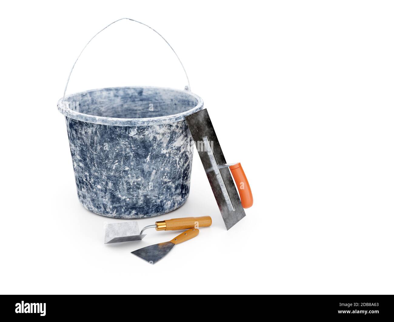 Gipser grundlegende Werkzeuge - schmutzige Kunststoff-Eimer, große Edelstahl Kelle, Ecke Kelle und Schaber auf weißem Hintergrund Stockfoto