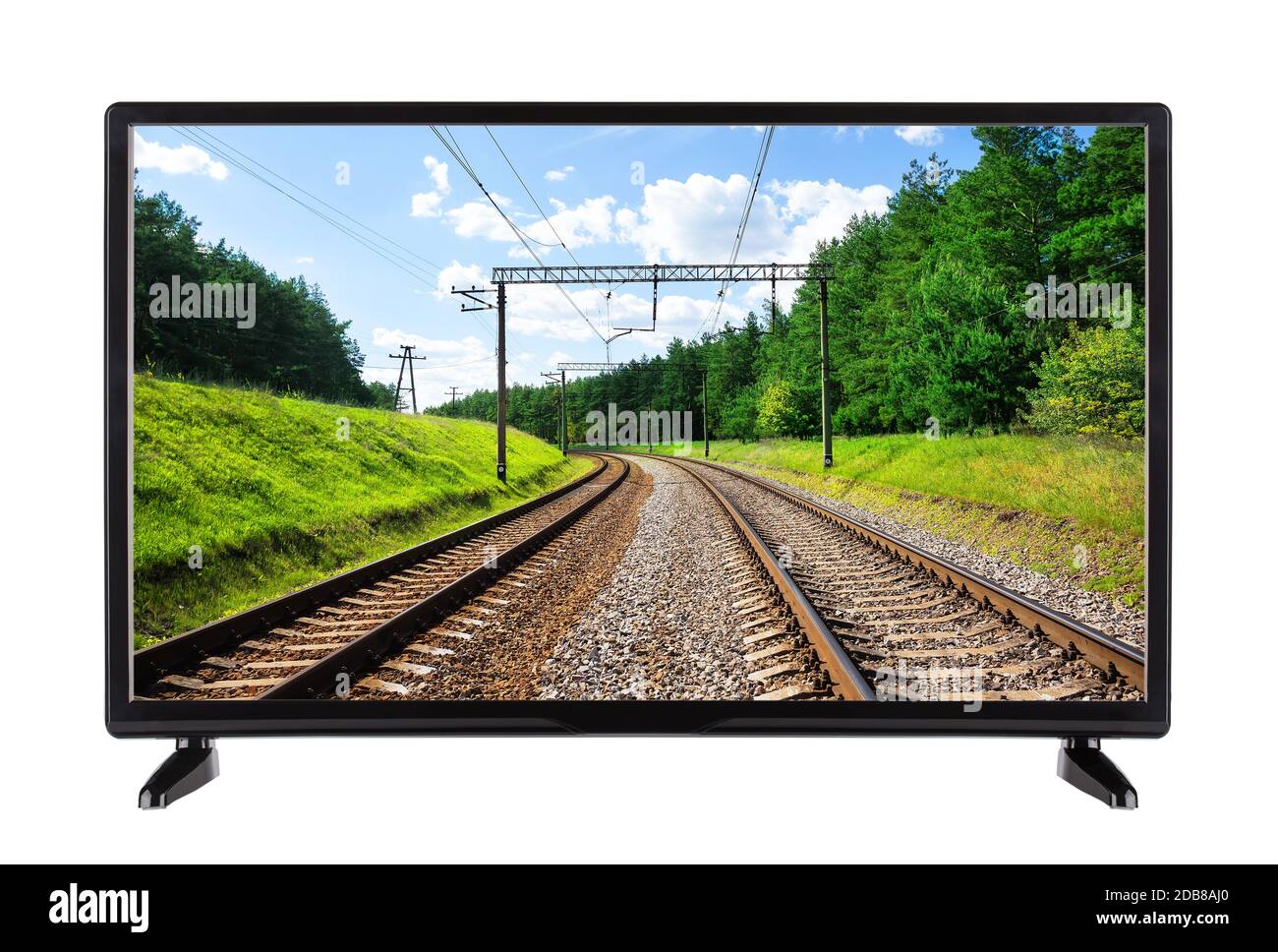 Flachbild-HD-TV mit Eisenbahn auf dem Bildschirm. Isoliert auf Weiß. Stockfoto