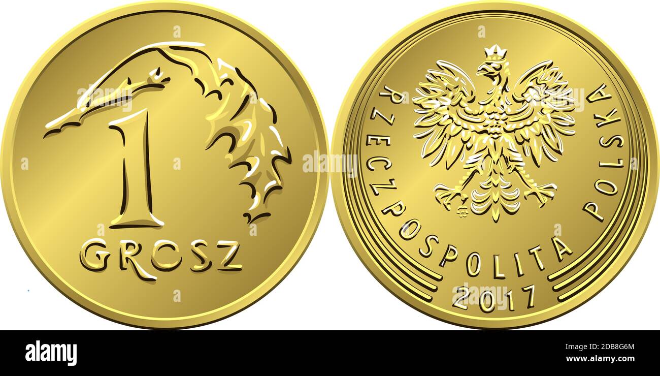Vektor polnisches Geld eine grosz-kupfermünze kehrt mit Wert um und 1 Blätter obvers mit Adler in goldener Krone Stockfoto