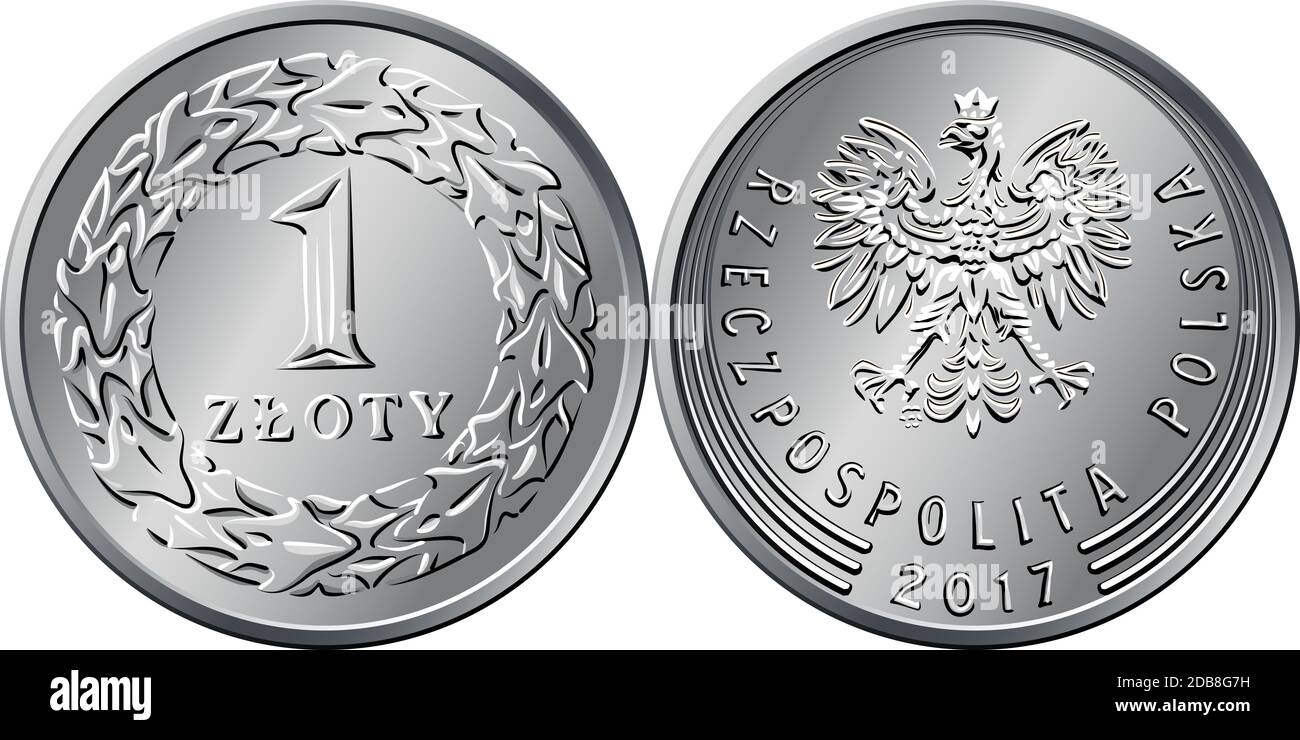 Vektor polnisches Geld eine zloty silberne Münze, rückwärts mit Wert und 1 Kranz von Blättern, obverser Adler in einer Krone Stockfoto