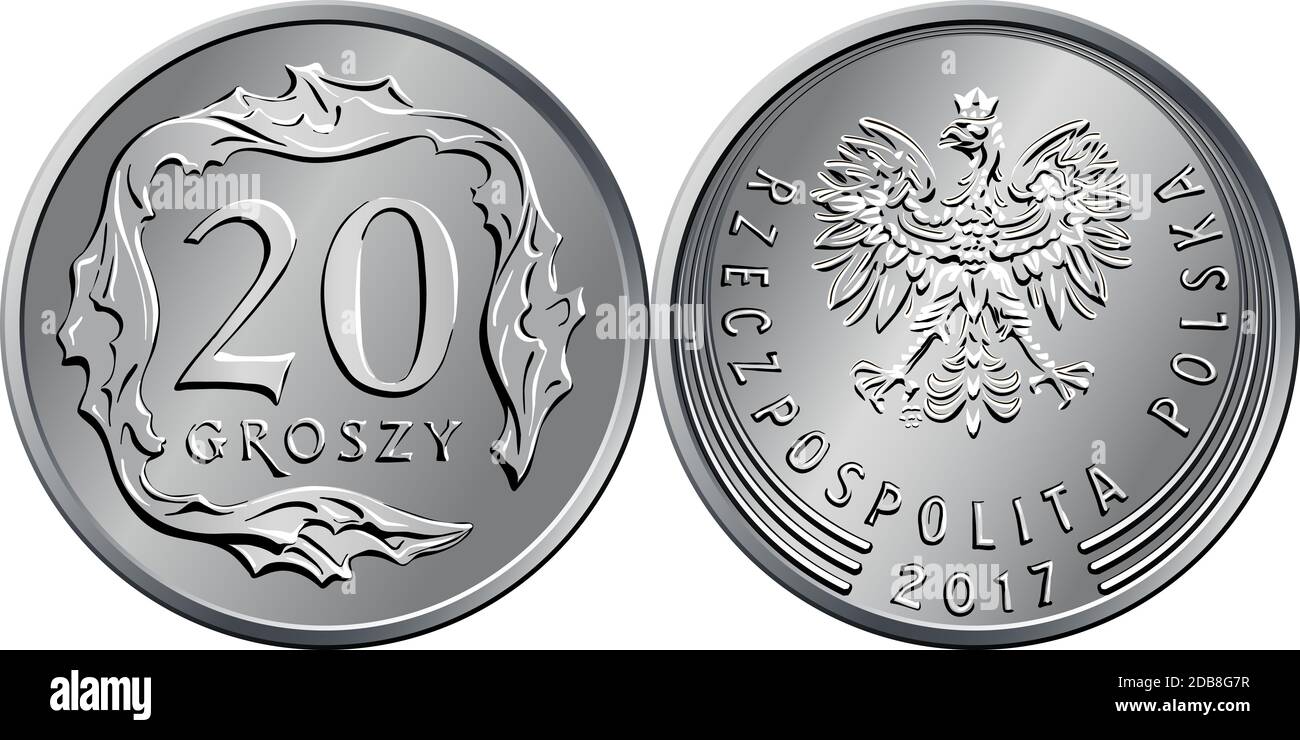 Vektor polnisches Geld zwanzig grob silberne Münzen umkehren mit Wert und 20 quadratisch geformten Blättern, obvers mit Adler in der Krone Stockfoto