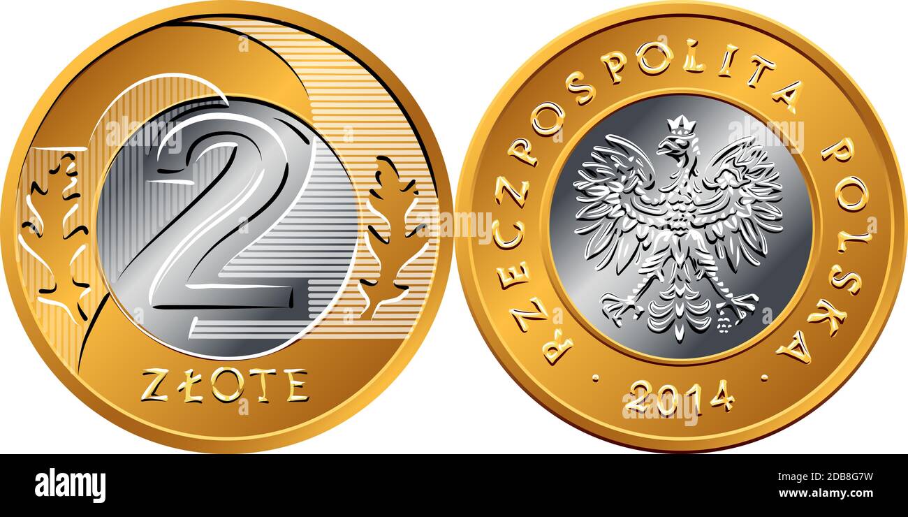 Vektor polnisches Geld zwei zloty Gold- und Silbermünzen mit Adler in goldener Krone auf obverse, Wert und 2 Blättern im Ringteil auf der Rückseite Stockfoto
