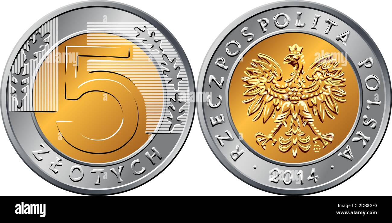 Vektor Polnisch Geld fünf Zloty Gold und Silber Münze mit Adler in goldener Krone auf obverse, Wert und 5 Blätter in Ringteil auf Rückseite Stockfoto