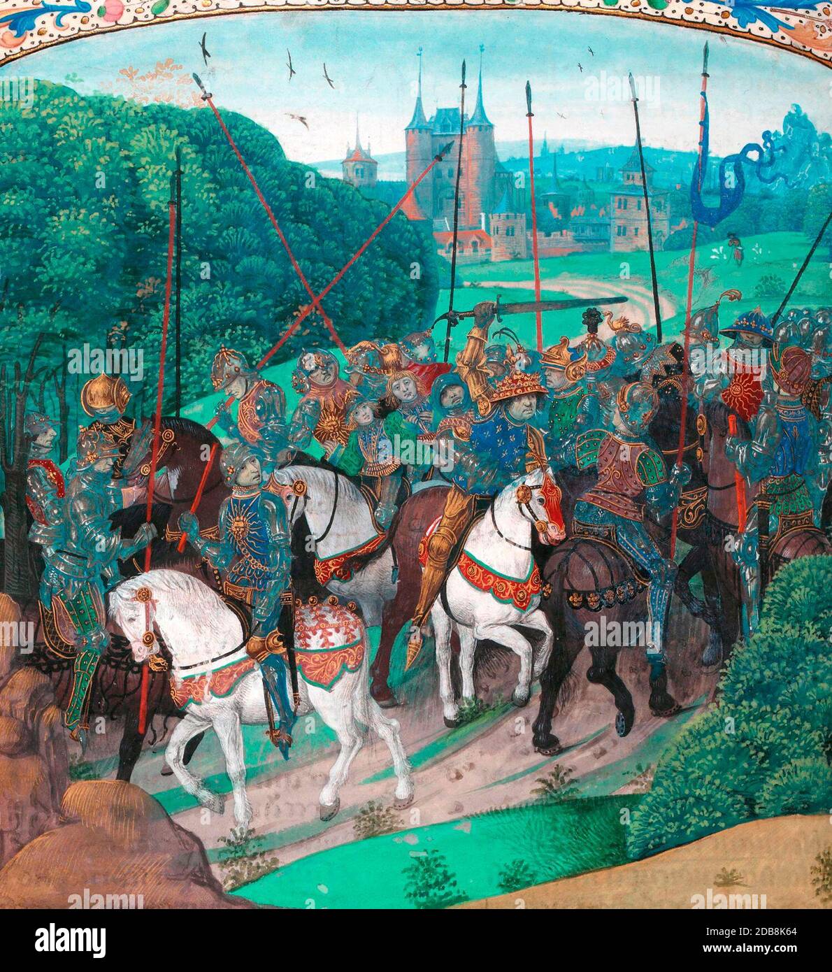 Madness of Charles VI: Durch den Wald von Le Mans auf einer Expedition gegen Pierre de Craon, der König, schwingt ein Schwert, Fehler der Mitglieder seines Gefolge für Feinde und greift sie - 15. Jahrhundert Stockfoto