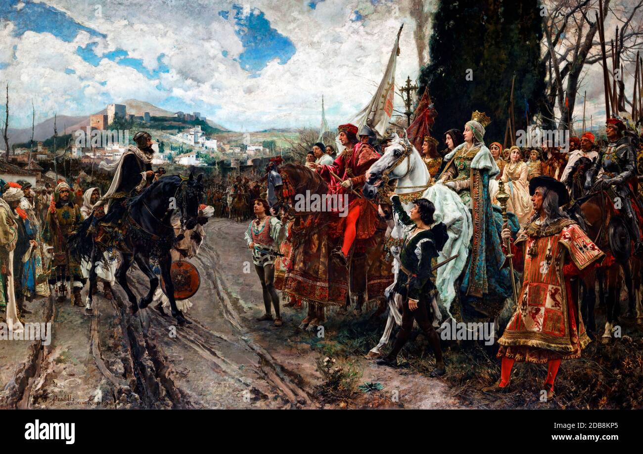 Die Kapitulation von Granada, 1882 mit Muhammad XII. Gegenüber Ferdinand und Isabella - Francisco Pradilla Ortiz, 1882 Stockfoto