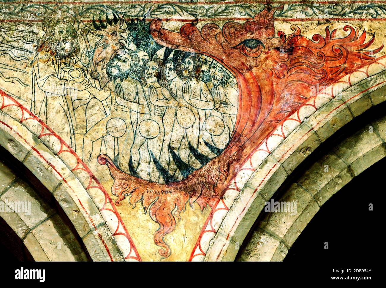 Pickering, Yorkshire. Abstieg in die Hölle, in den Klauen eines Drachen, mittelalterliche Wandmalerei. Adam mit Apfel, Höllenbacken, Gemälde, England Stockfoto