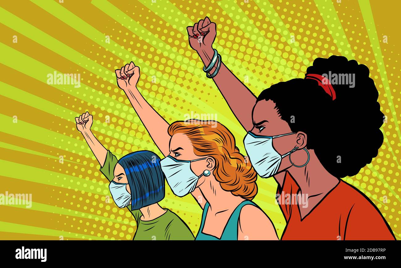 Afrikanischasiatisch-kaukasische Frauen protestieren gegen die Coronavirus-Epidemie. Comics karikieren die Zeichnung von Pop-Art-Retro-Illustrationen Stockfoto