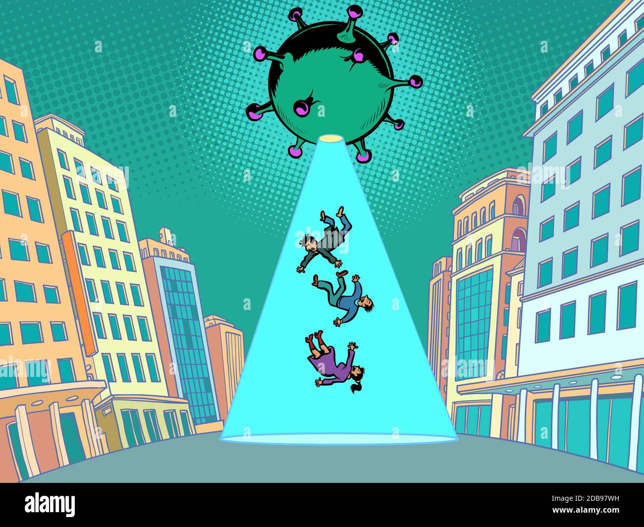 Coronavirus-Epidemie als Alien-Invasion, ein Angriff auf den Menschen. Comics Karikatur Pop Art Retro Illustration Zeichnung Stockfoto