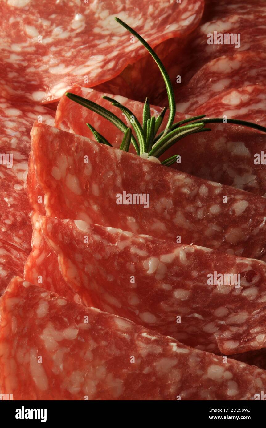 Hintergrund von geschnittener Salami mit Rosmarin Stockfoto