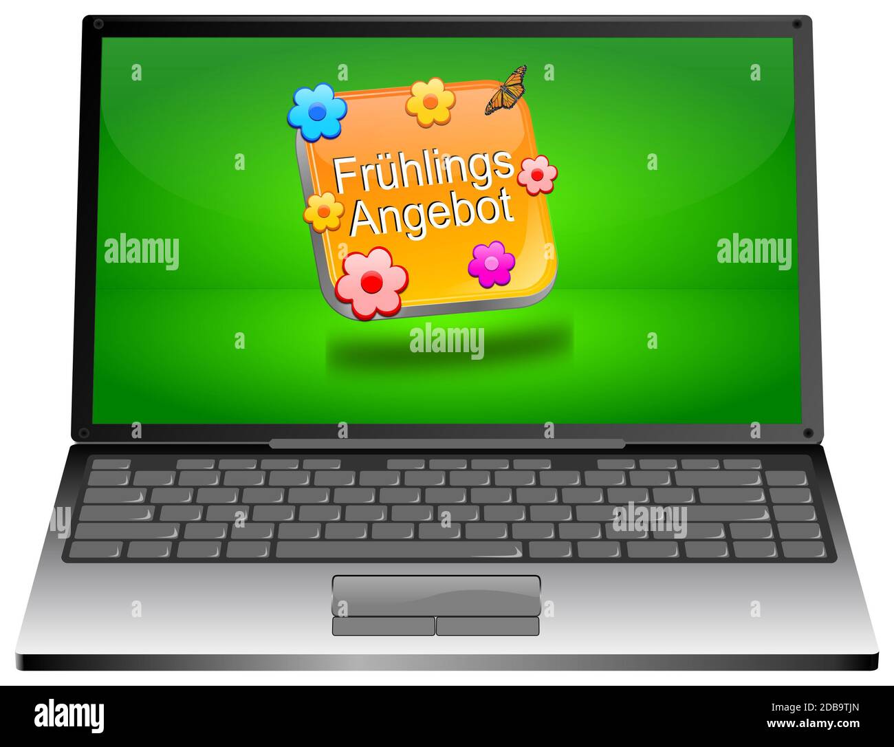 Laptop-Computer mit orangefarbener Spring Sale-Taste auf grünem Desktop - in deutscher Sprache - 3D-Illustration Stockfoto