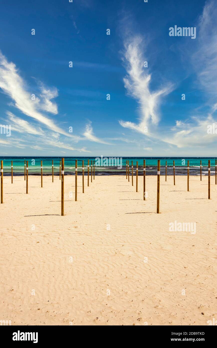 Auf Sa Coma auf der Mittelmeerinsel Mallorca befinden sich Holzpfähle am Strand, auf denen die Sonnenschirme zu Beginn der Saison aufgestellt sind Stockfoto