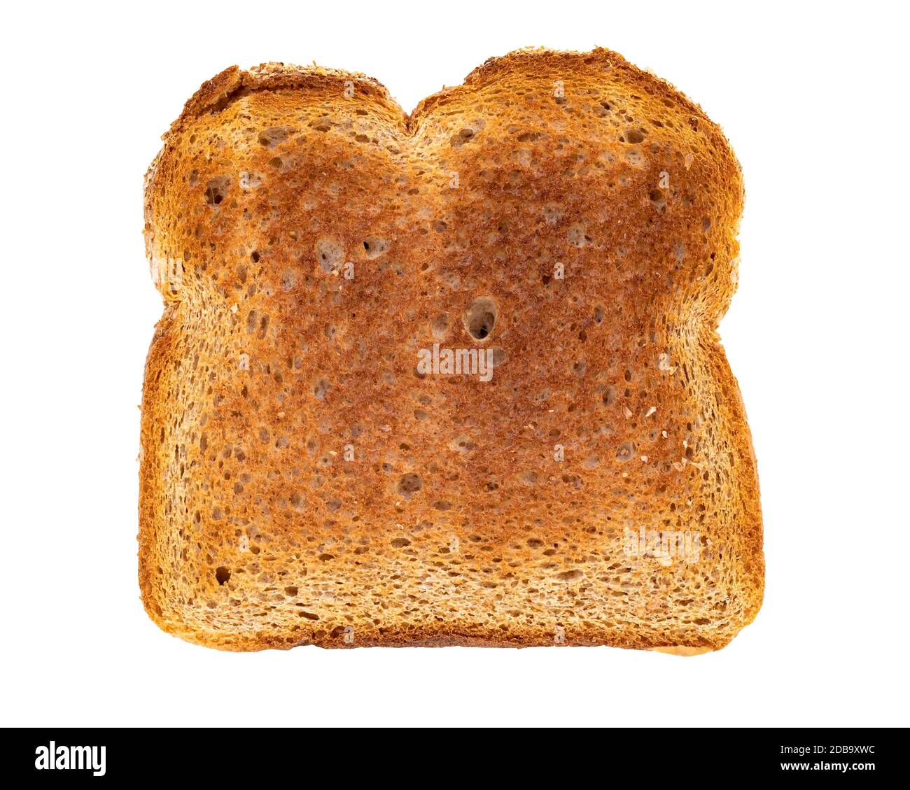 In Scheiben geschnittenes Vollkornbrot getoastet, isoliert auf weißem Hintergrund, von oben fotografiert Stockfoto