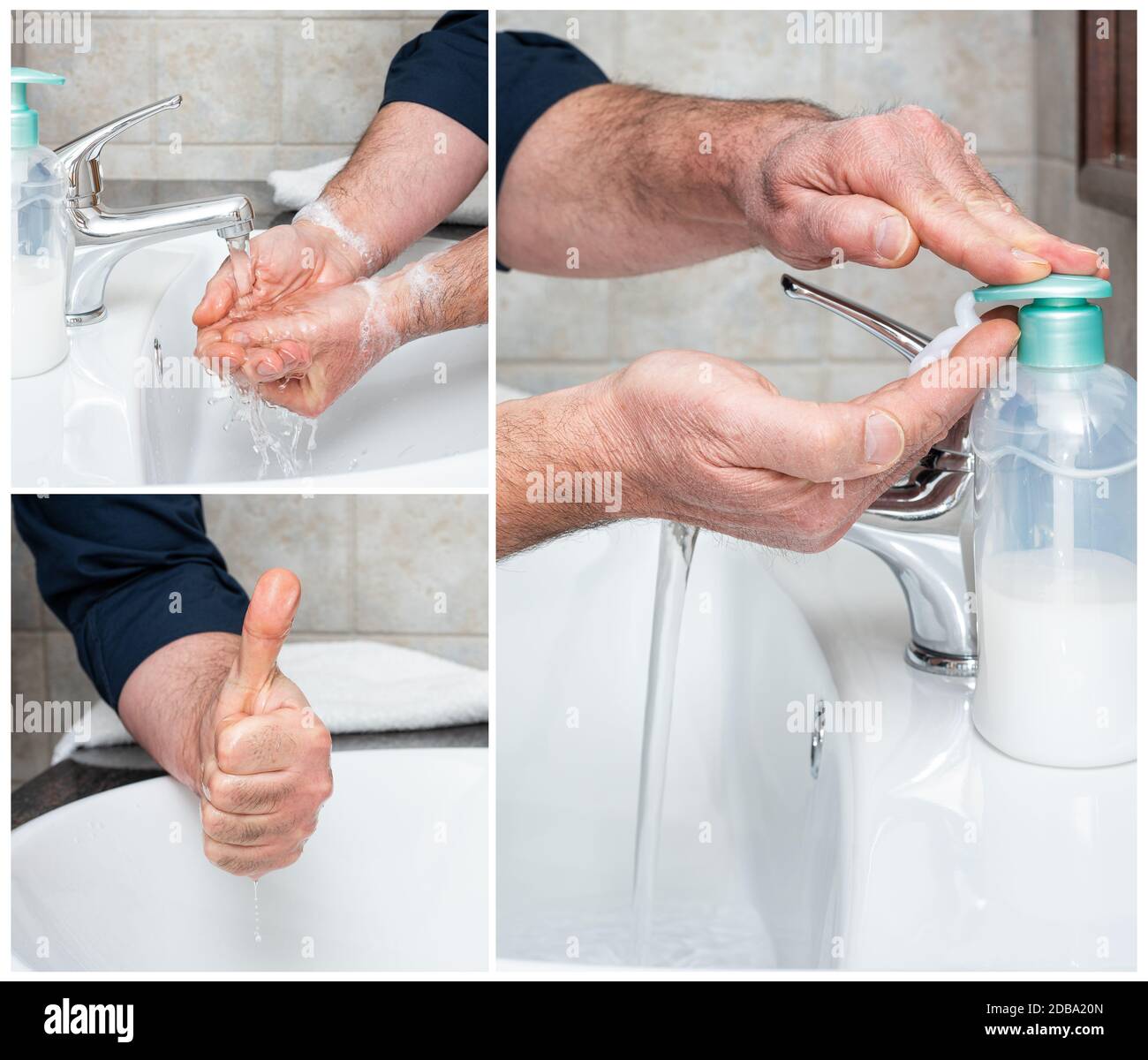 Coronavirus-Prävention. Händewaschen mit heißem Seifenwasser stoppt die Infektion von Covid-19, OK-Zeichen mit Daumen nach oben. Körperhygiene. Gesundheit. Stockfoto