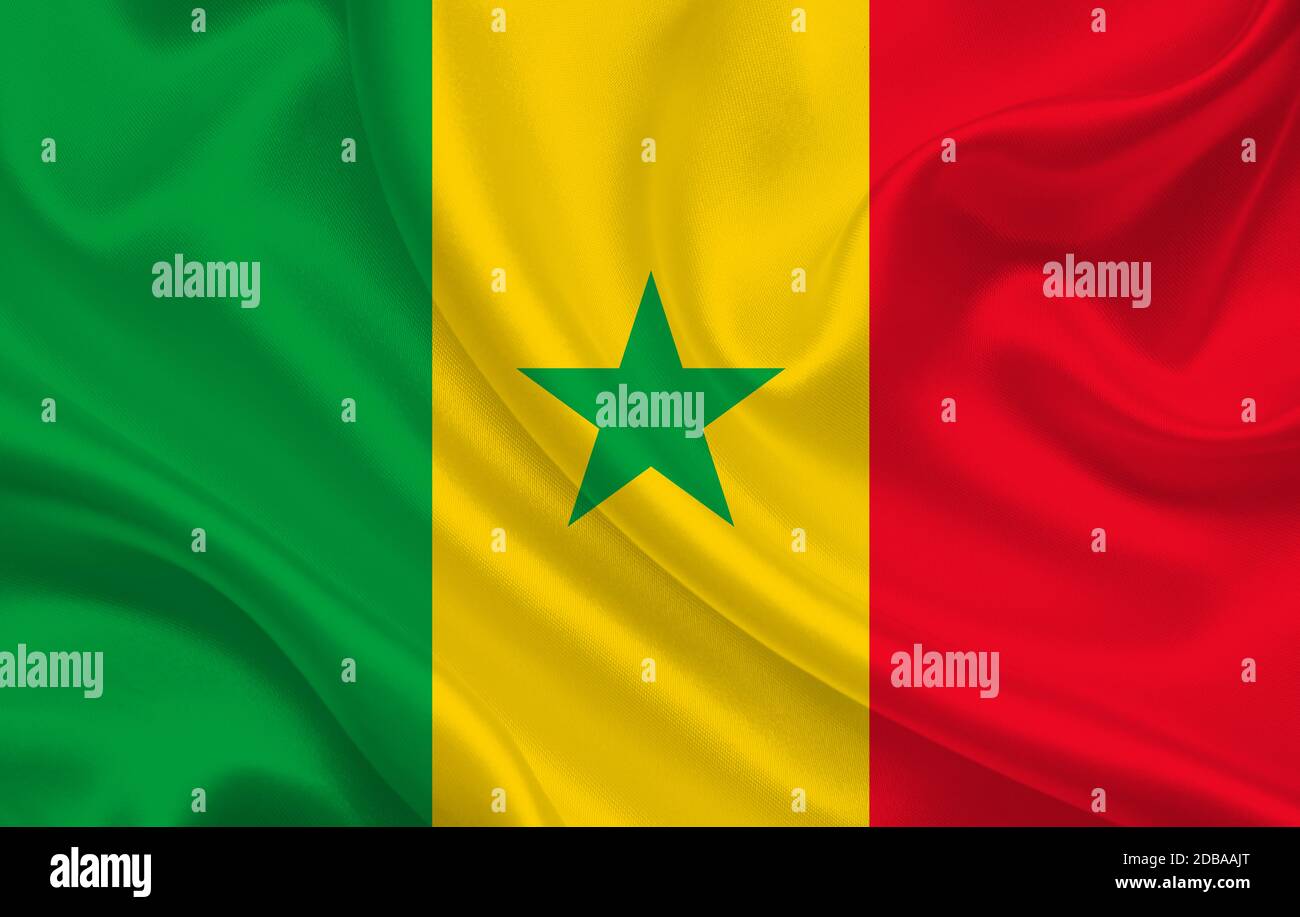Senegal Land Flagge auf gewellte Seide Stoff Hintergrund Panorama - Abbildung Stockfoto