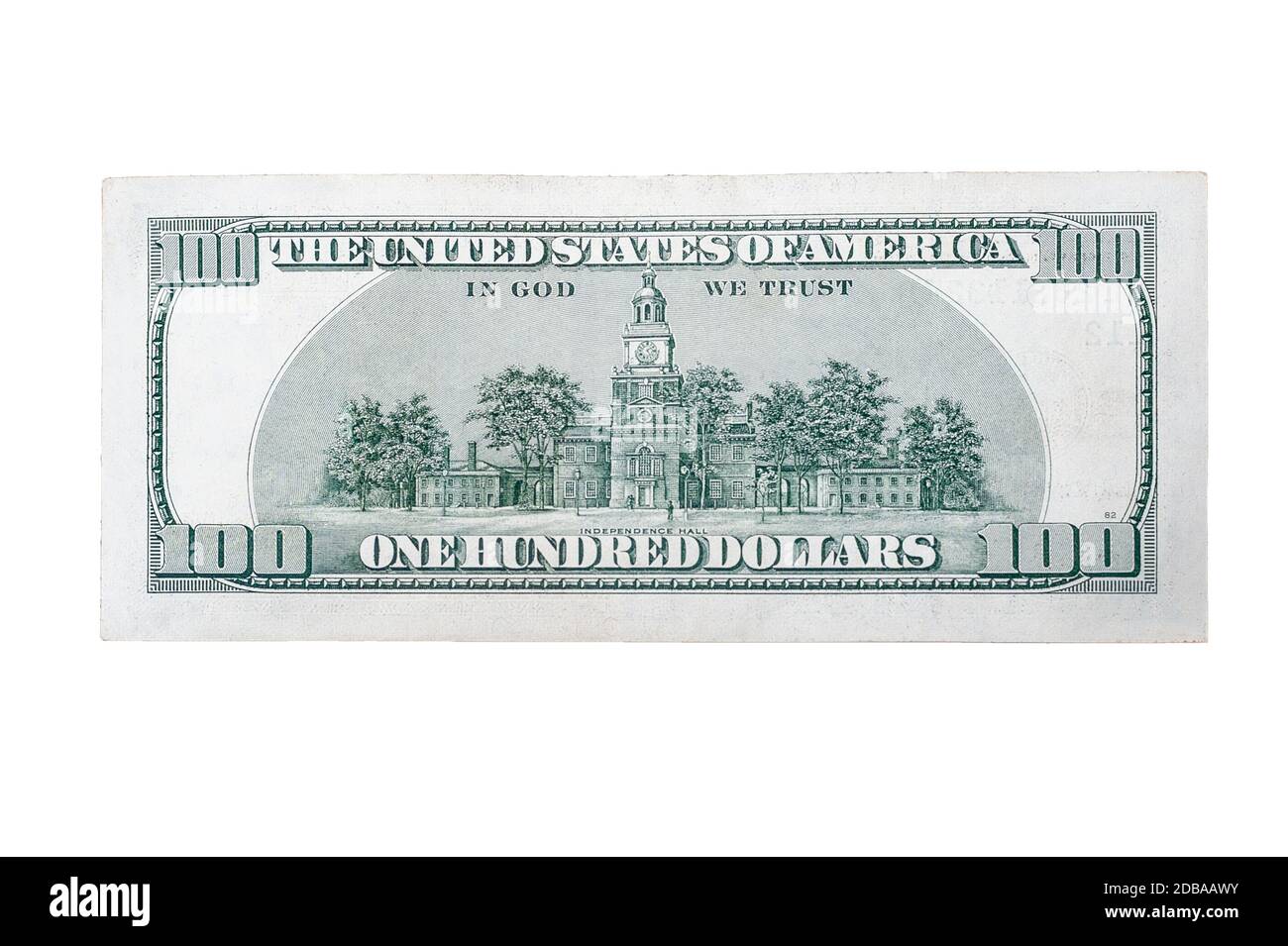 Rückseite der us-Banknote 100 us-dollar auf isoliertem weißem Hintergrund Stockfoto