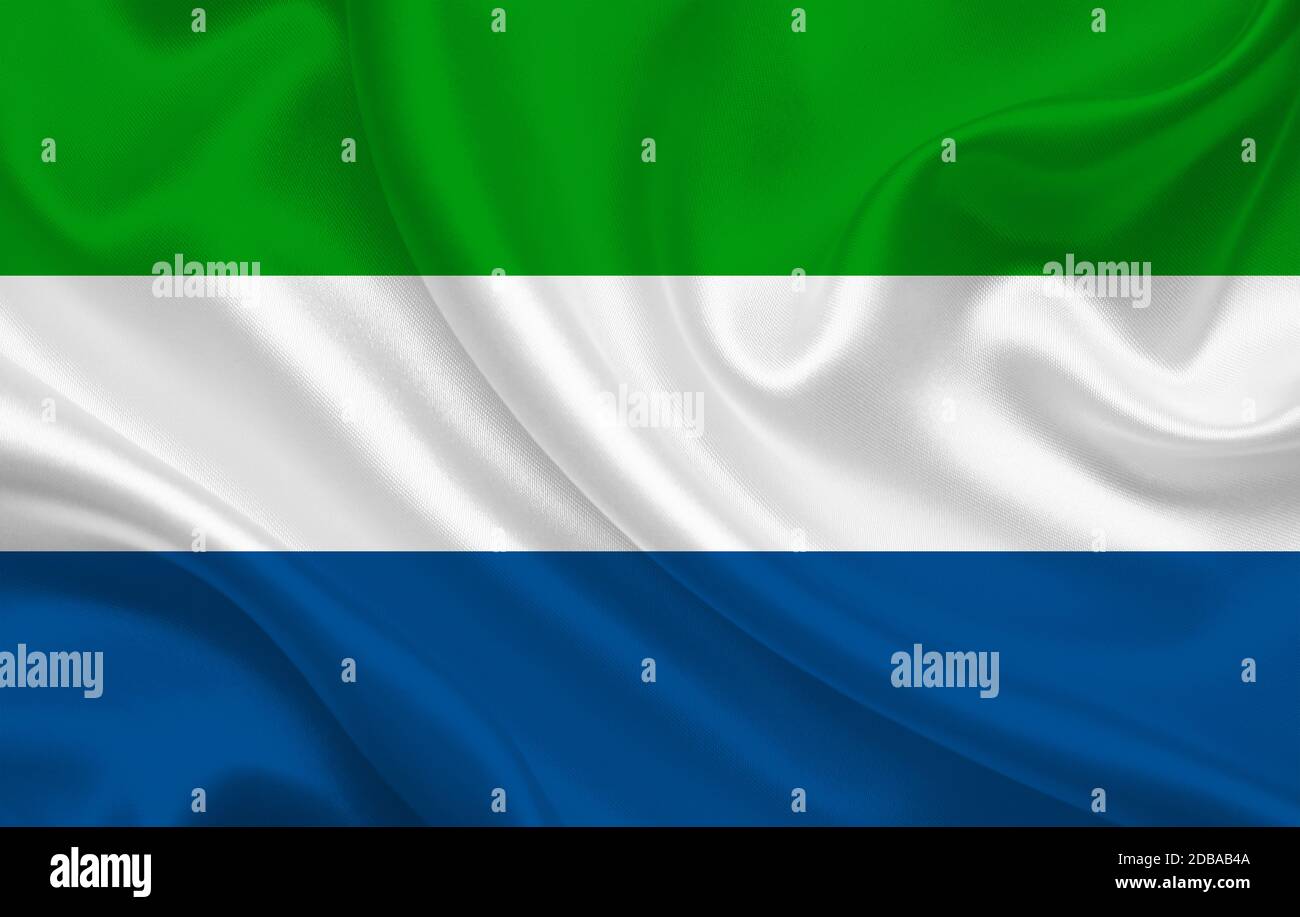 Sierra Leone Land Flagge auf gewelltem Seidenstoff Panorama Hintergrund - Abbildung Stockfoto