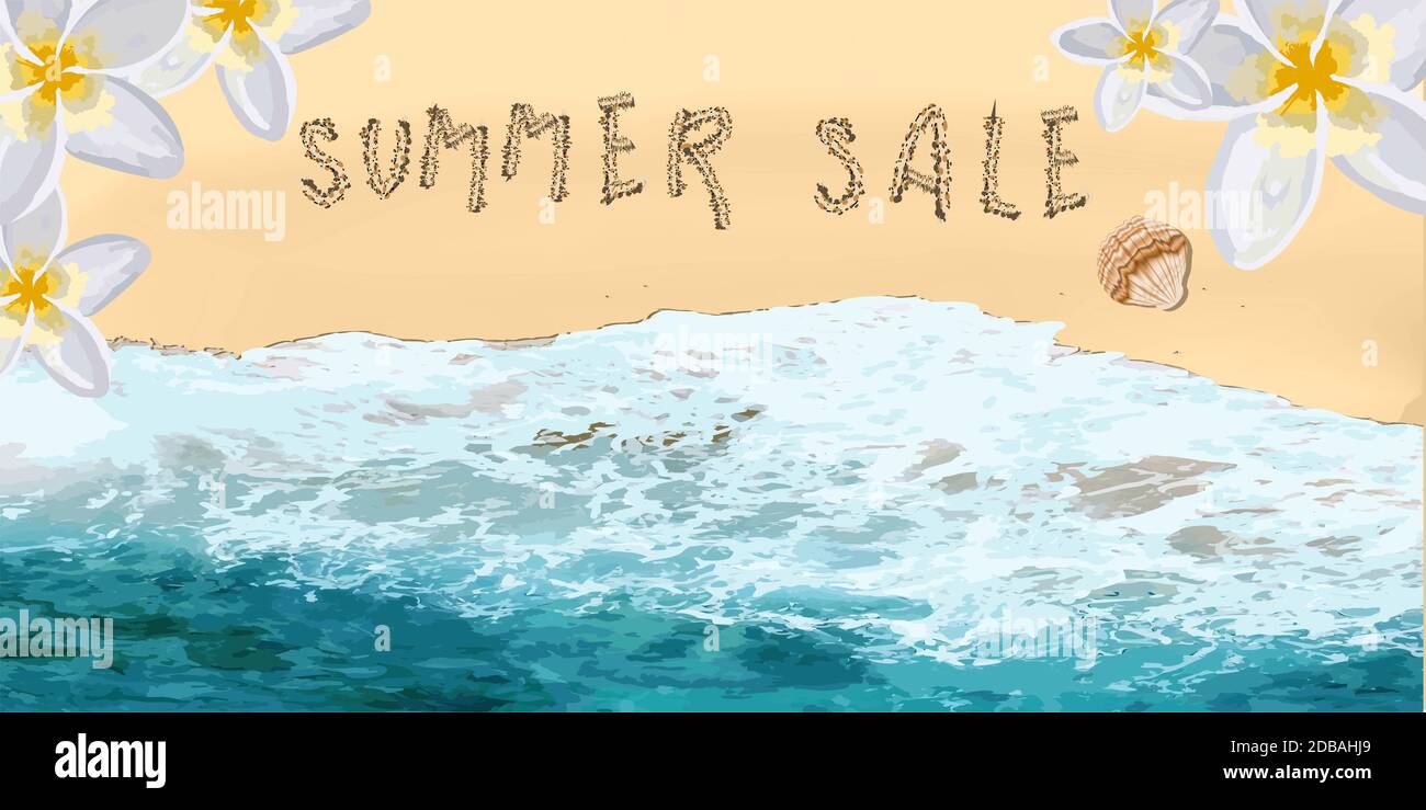 Hallo Sommer. Realistische Meereswellen und Strand. Horizontales Banner für Werbung und Sommerrabatte. Stockfoto