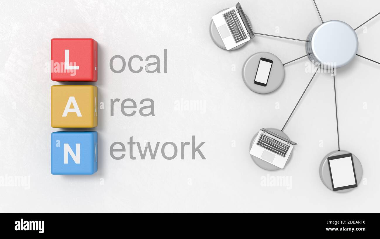 Schwarz Local Area Network Text, LAN Akronym auf bunten Cubes, Laptop-Computer, Handy und Tablet-PC auf einem hellgrauen verputzten Hintergrund 3D ill Stockfoto