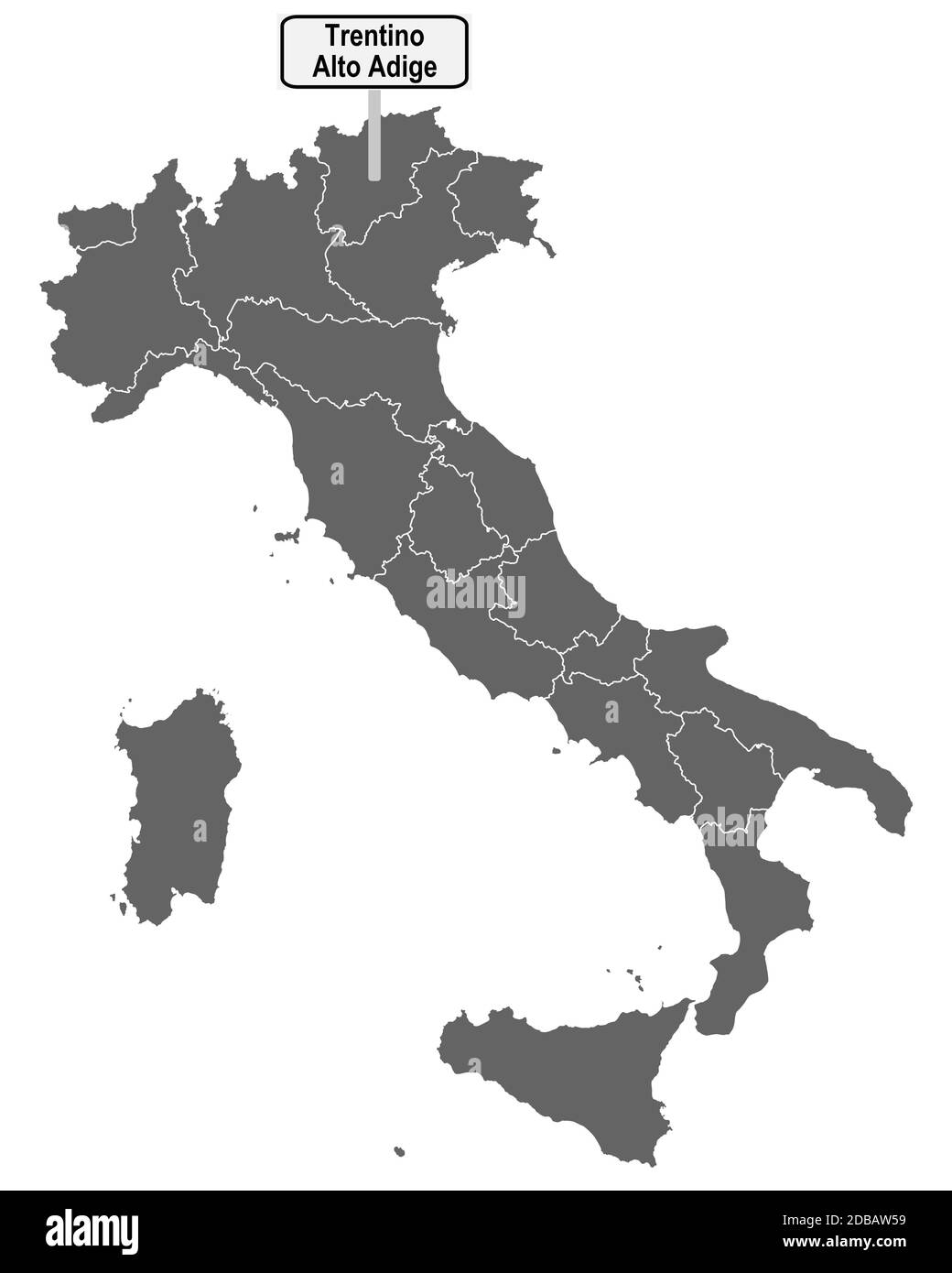 Landkarte von Italien mit Ortsschild von Trentino - Alto Adige Stockfoto
