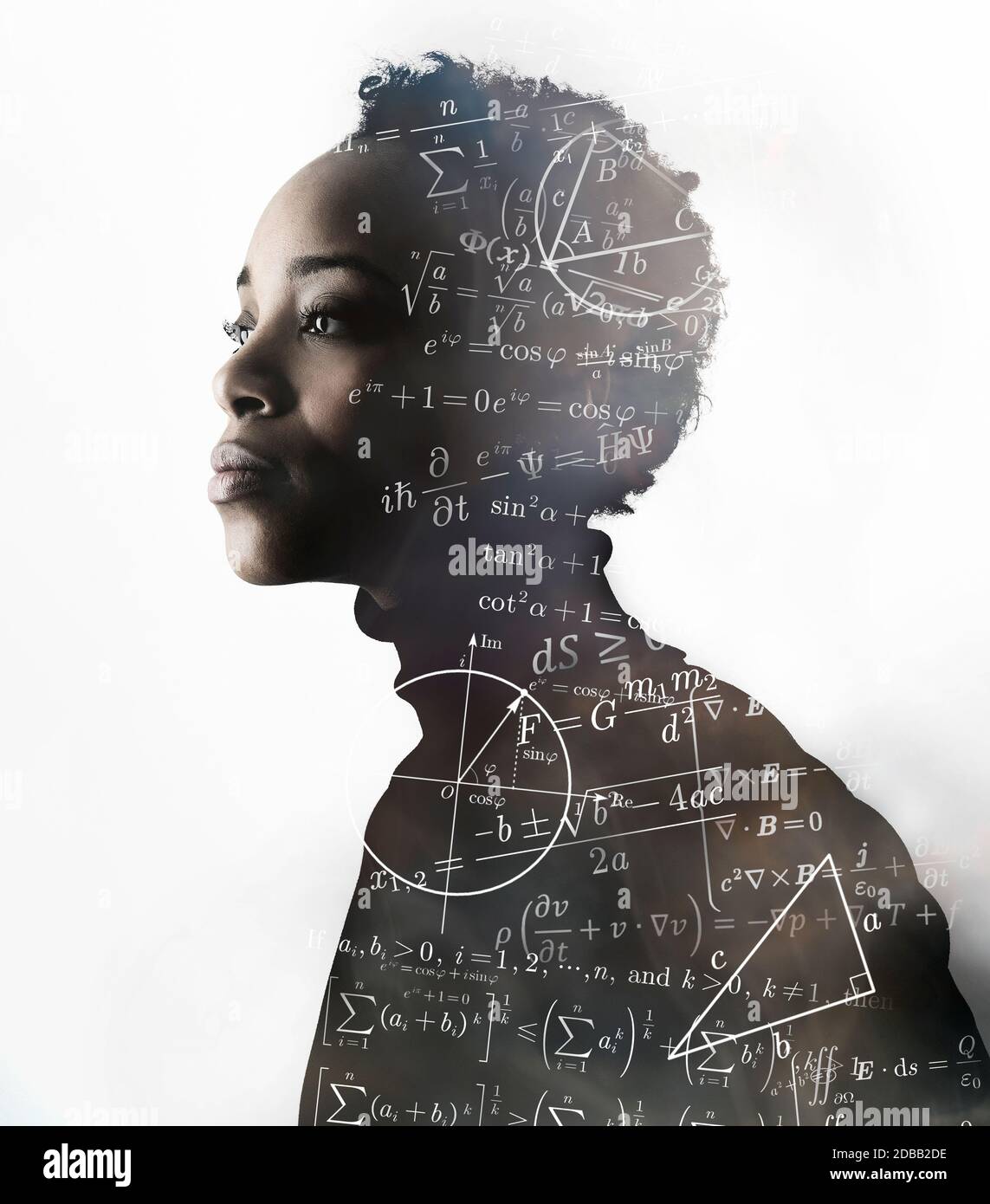 Silhouette der Frau mit mathematischen Formeln bedeckt Stockfoto