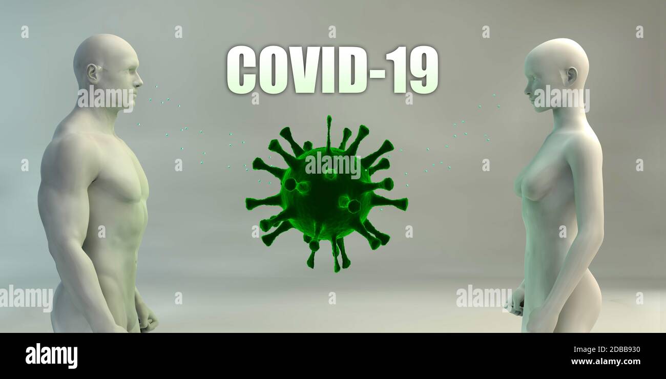 Covid-19 mit grünem großen Virus, der Tröpfchen infiziert Stockfoto