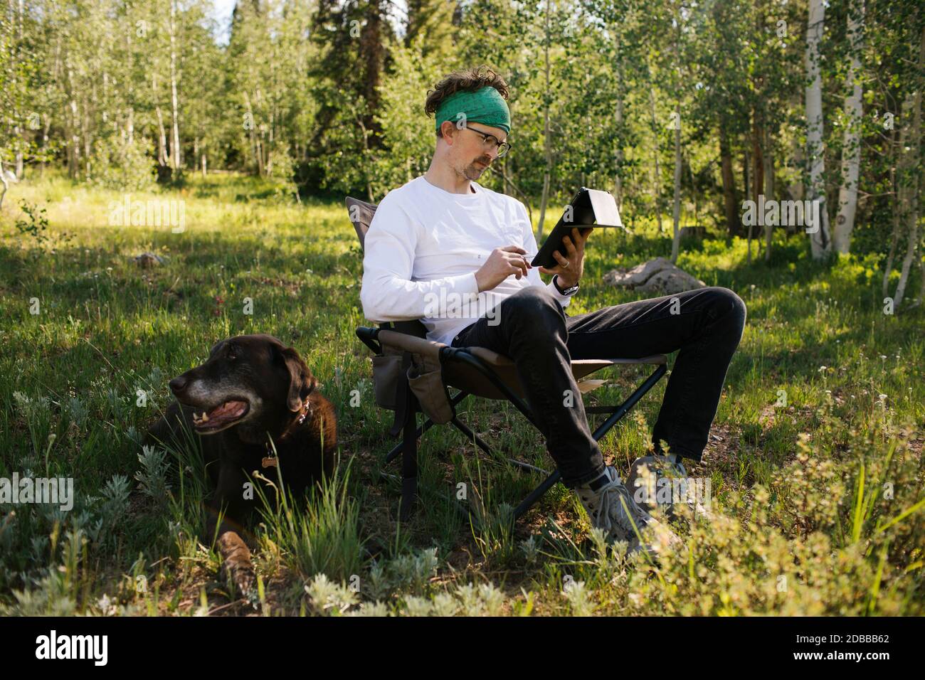USA, Utah, Uinta National Park, Mann mit Hund sitzt auf der Wiese im Wald, mit Tablet Stockfoto