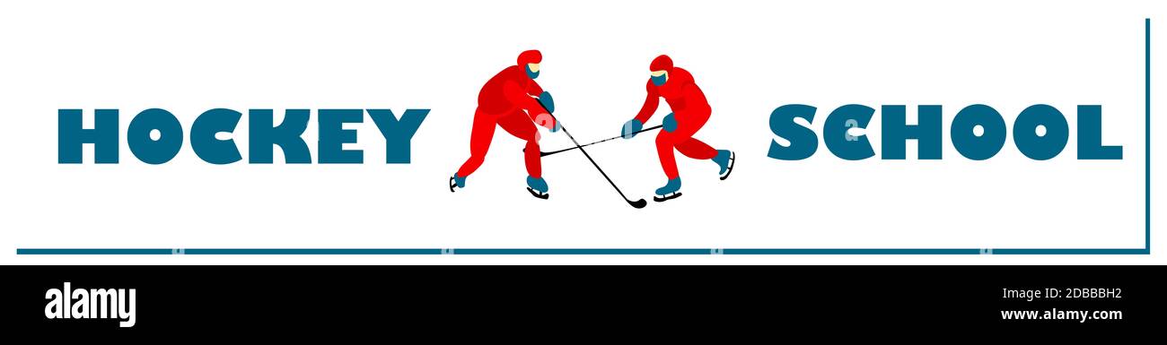 Schule des Eishockeys. Maskierte Männer und Hockeyschläger spielen Hockey. Horizontales Banner für einen Sportverein. Stockfoto