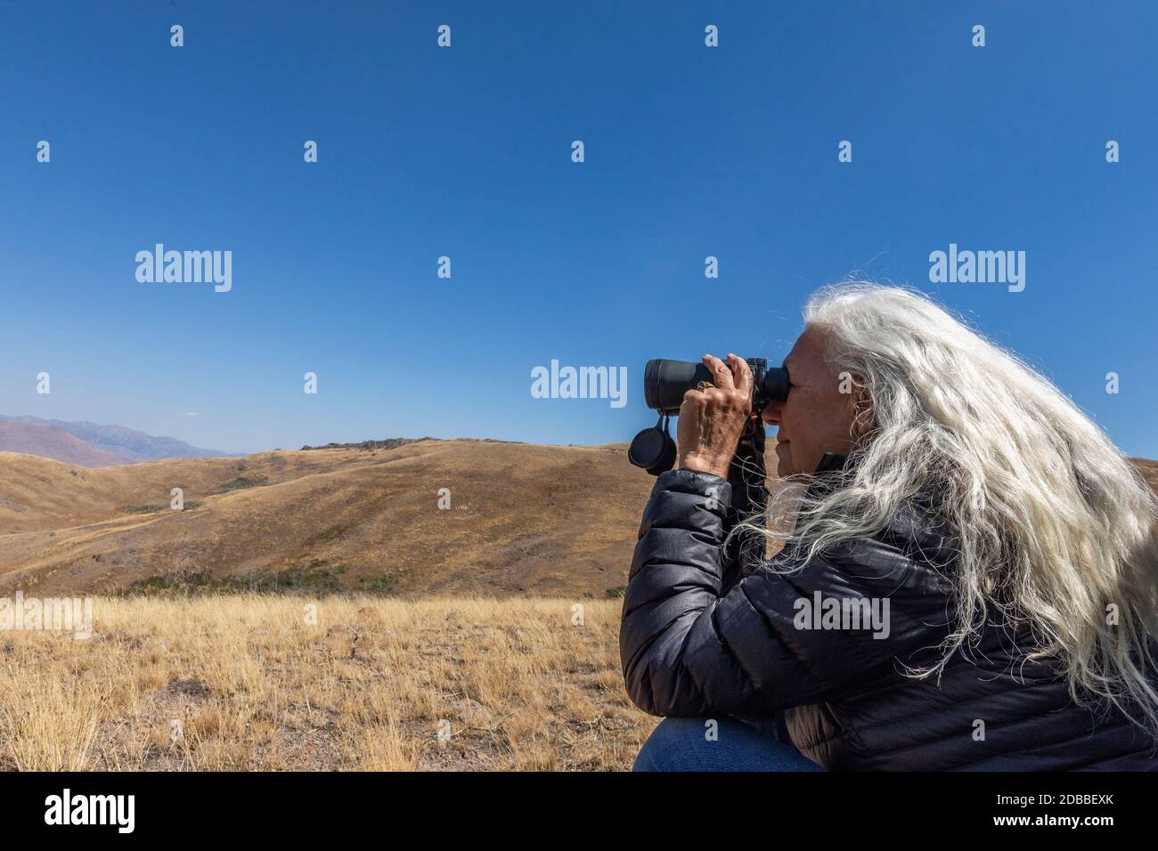 USA, Idaho, Bellevue, Frau schaut durch Ferngläser in der Wüste Stockfoto