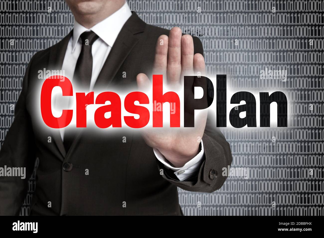 CrashPlan mit Matrix zeigt Geschäftsmann. Stockfoto