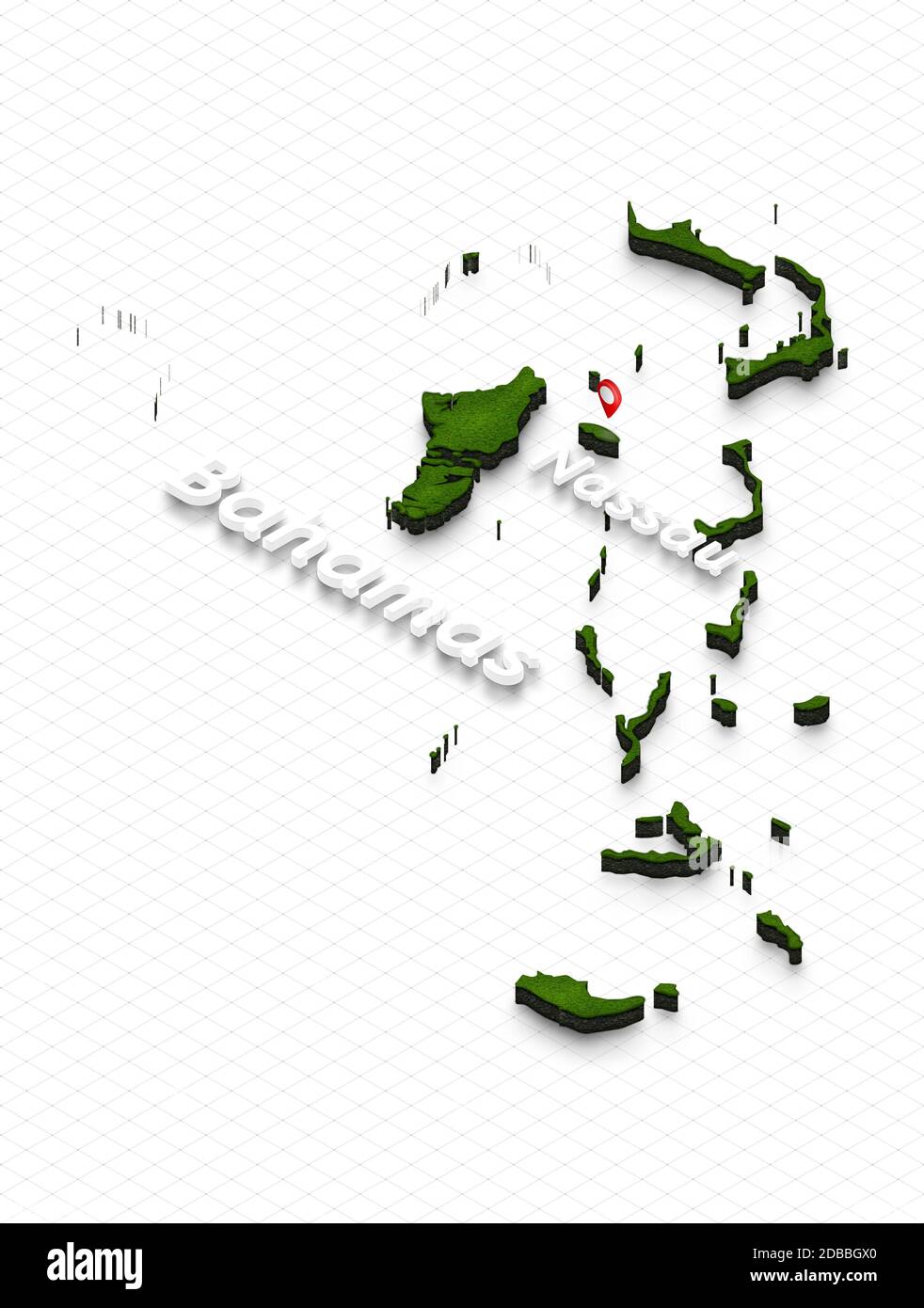 Illustration einer grünen Grundkarte von Bahamas im Rasterhintergrund. Links 3D isometrische Perspektive Projektion mit dem Namen des Landes und der Hauptstadt Nassau Stockfoto