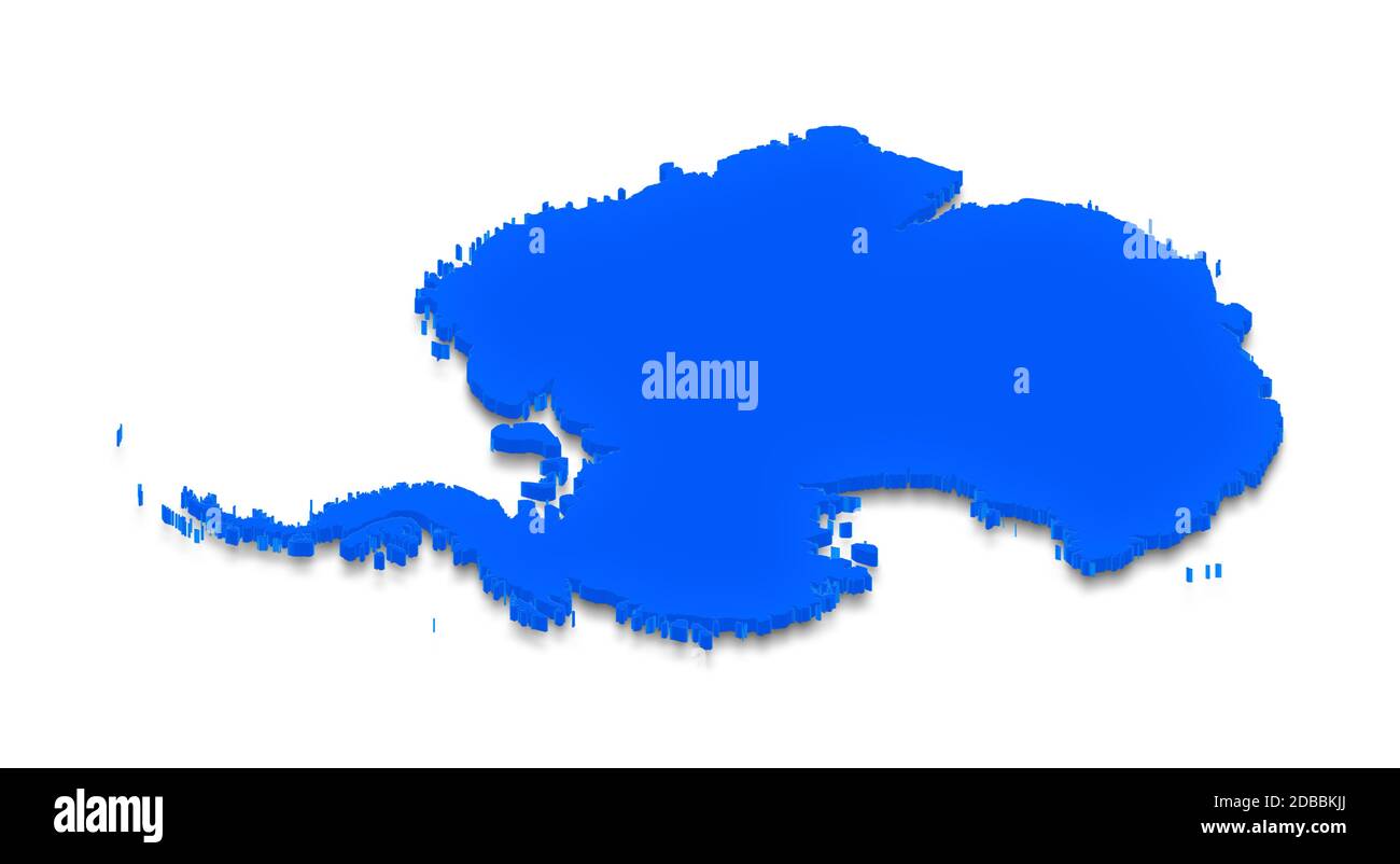 Illustration einer blauen Grundkarte der Antarktis auf weißem, isoliertem Hintergrund. Isometrische 3D-Perspektivprojektion rechts. Stockfoto