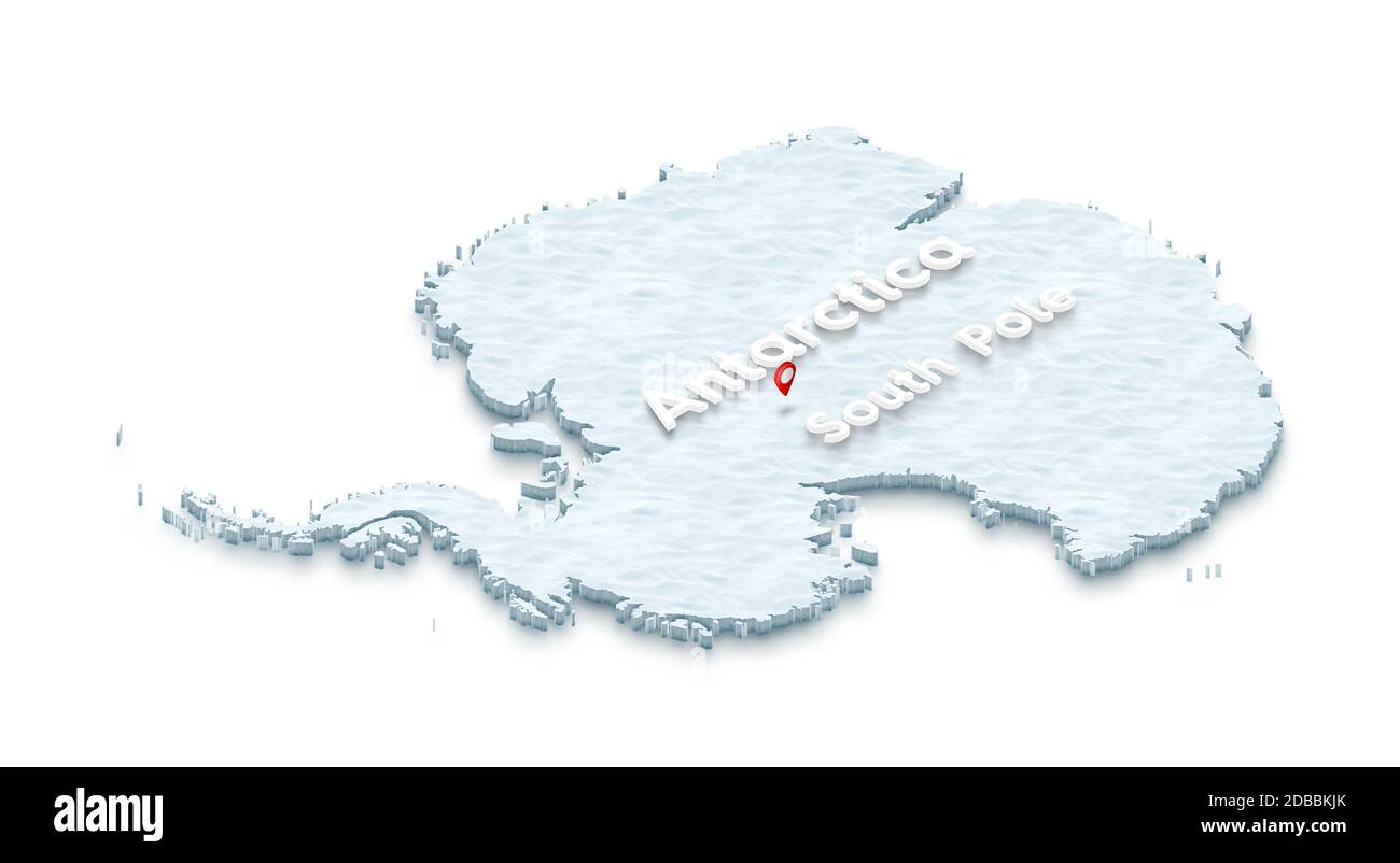Illustration einer Schneebodenkarte der Antarktis auf Wasserhintergrund. Isometrische 3D-Projektion rechts mit dem Namen Kontinent und designat Stockfoto