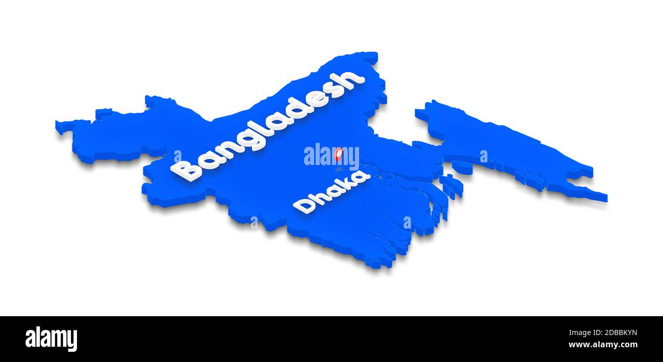 Illustration einer blauen Grundkarte von Bangladesch auf weißem ...