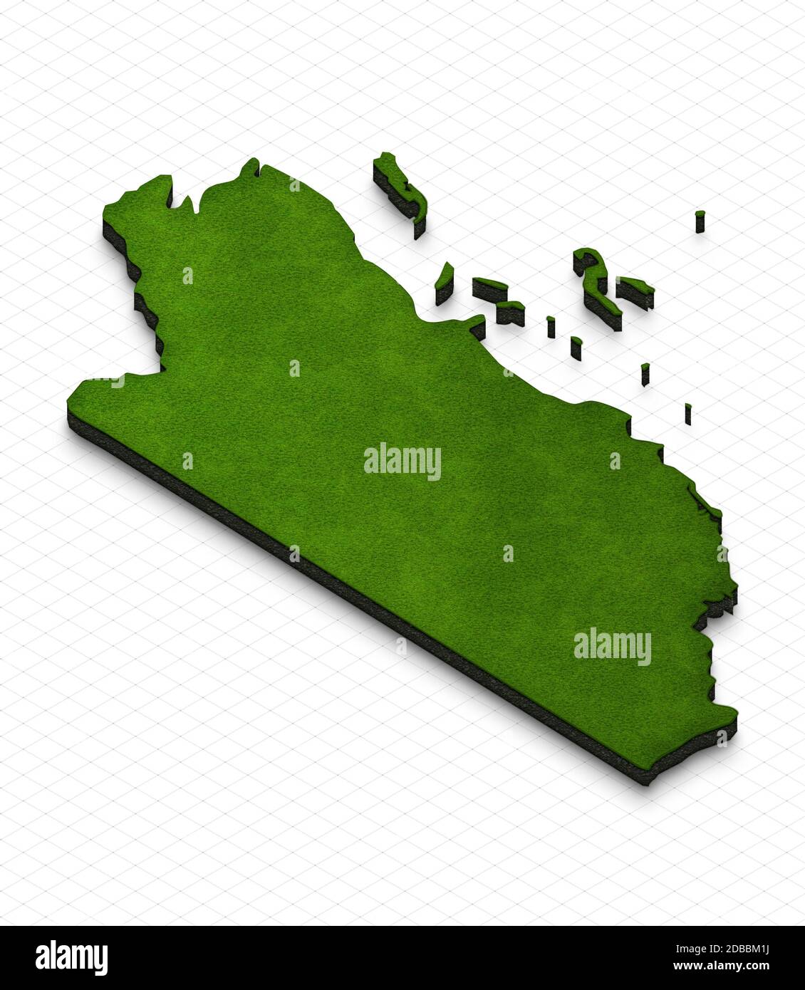 Illustration einer grünen Grundkarte von Belize im Rasterhintergrund. Isometrische 3D-Perspektivprojektion rechts. Stockfoto