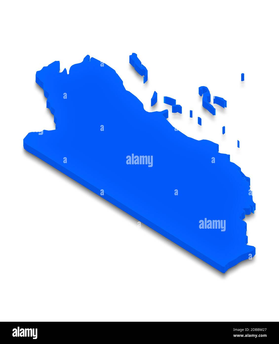 Illustration einer blauen Grundkarte von Belize auf weißem, isoliertem Hintergrund. Isometrische 3D-Perspektivprojektion rechts. Stockfoto