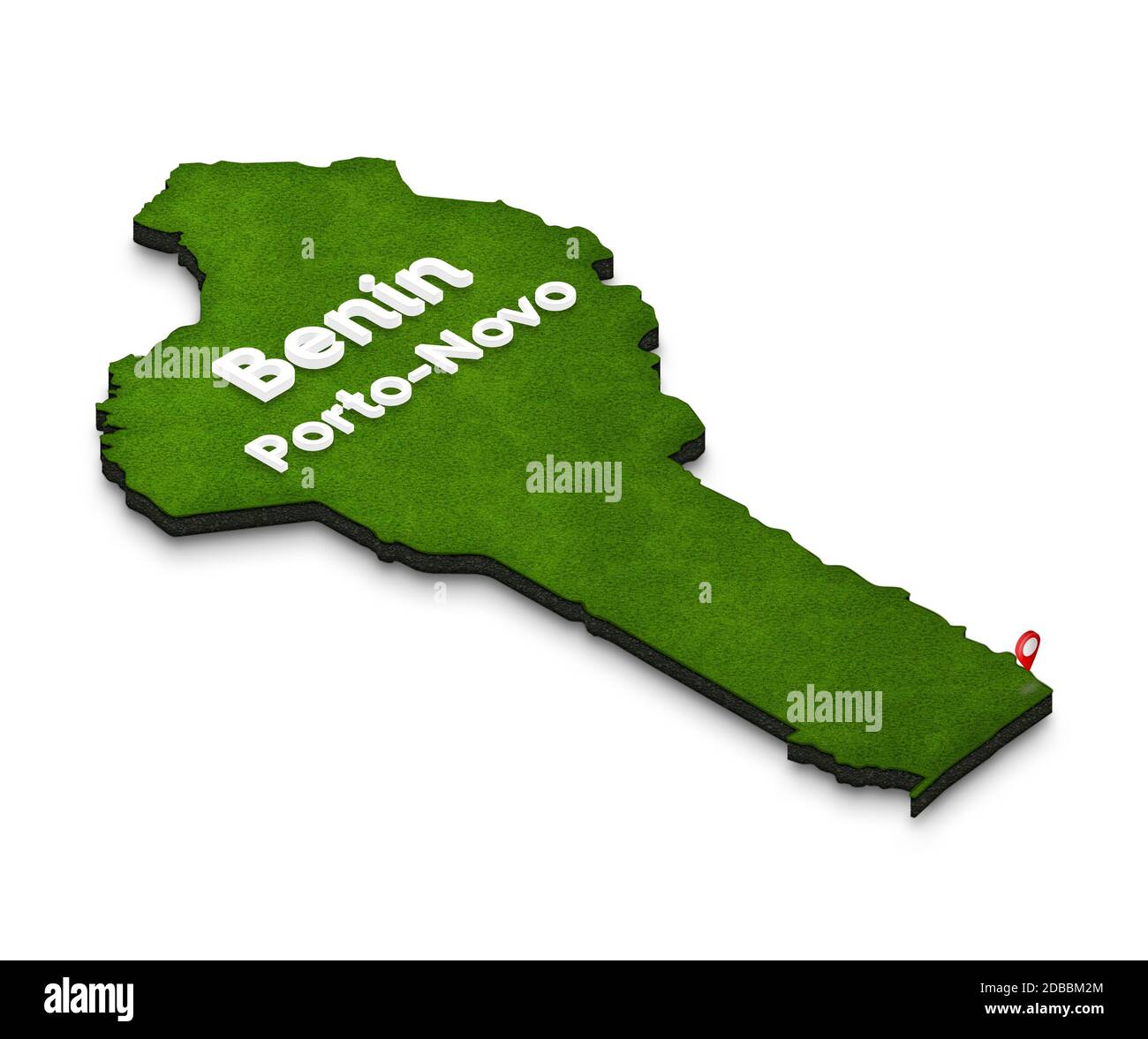 Illustration einer grünen Grundkarte von Benin auf weißem, isoliertem Hintergrund. Isometrische 3D-Projektion mit dem Namen des Landes und des Kapits Stockfoto