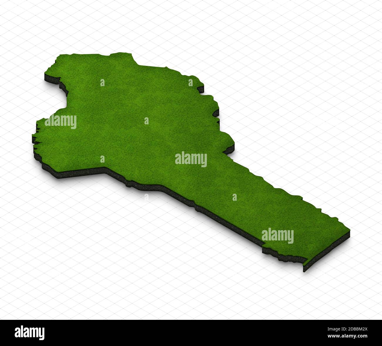 Illustration einer grünen Grundkarte von Benin im Rasterhintergrund. Isometrische 3D-Perspektivprojektion rechts. Stockfoto