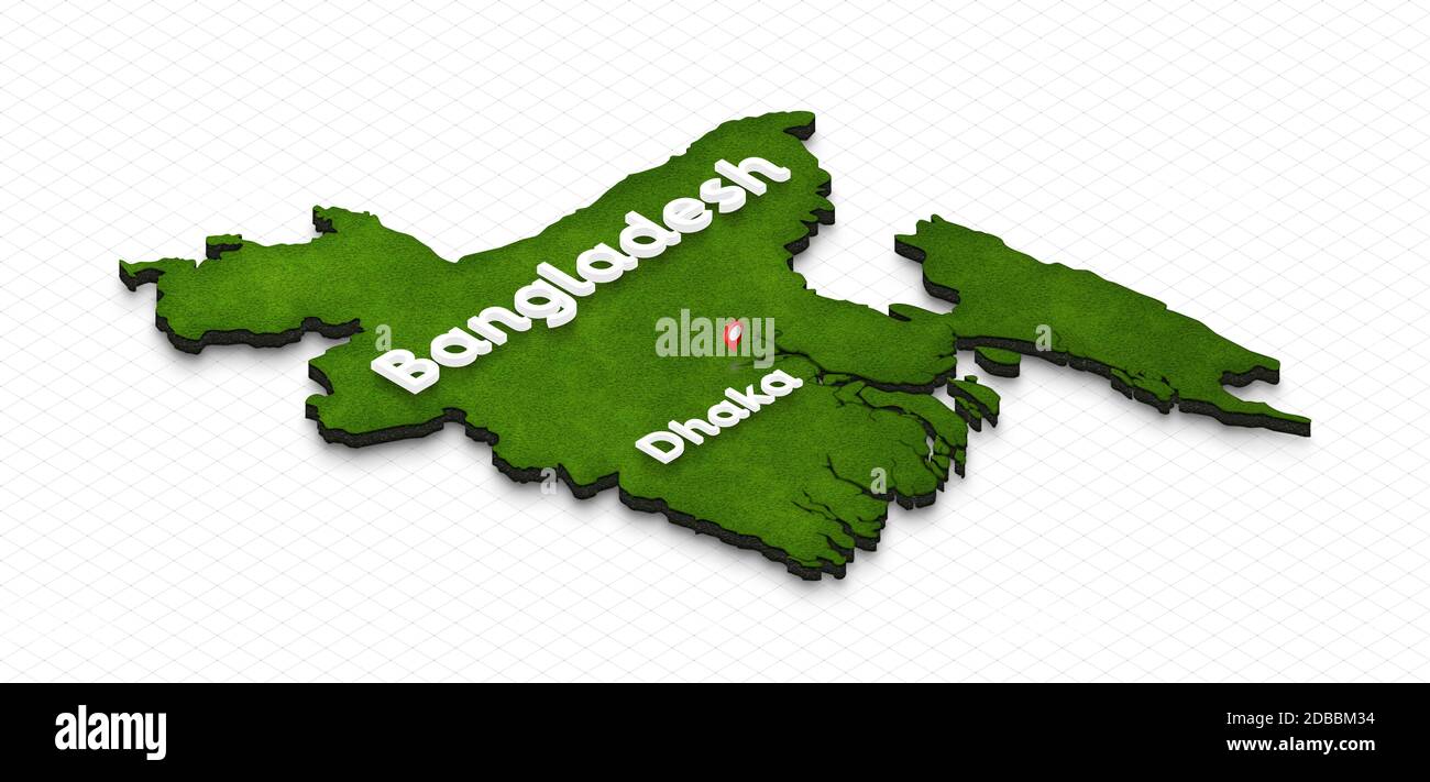 Illustration einer grünen Grundkarte von Bangladesch im Rasterhintergrund. Rechts 3D isometrische Perspektivprojektion mit dem Namen des Landes und der Hauptstadt DH Stockfoto