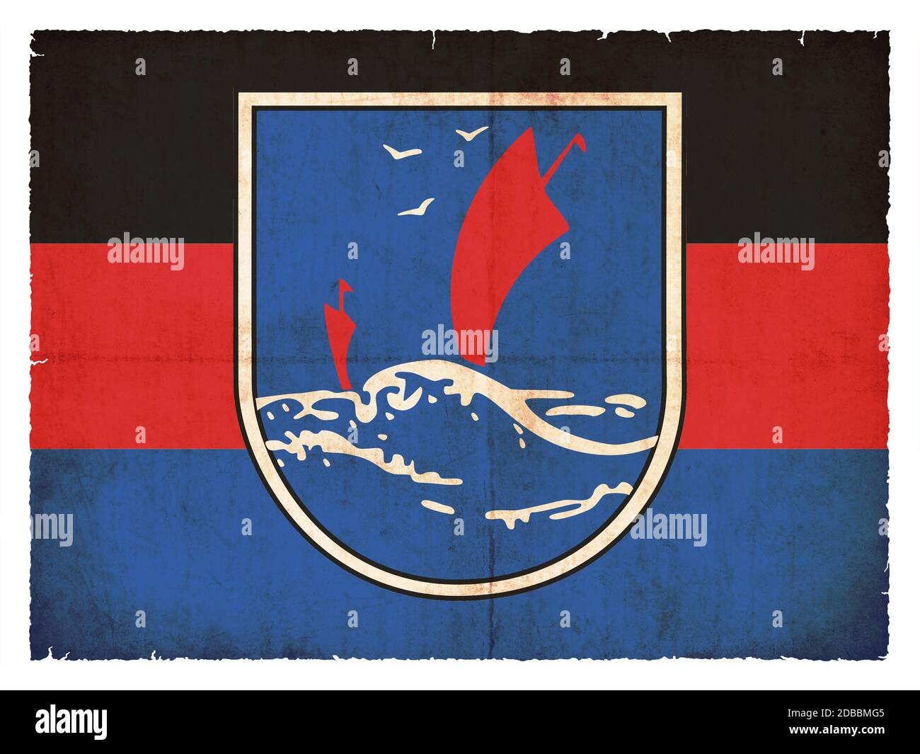 Flagge der deutschen Insel Langenoog (Niedersachsen, Deutschland) im Grunge-Stil erstellt Stockfoto