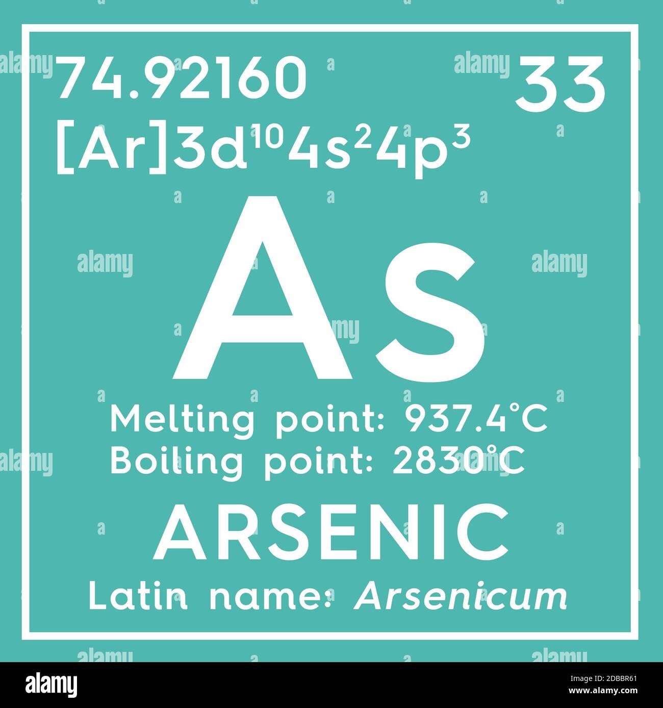 Arsen. Arsenicum Metalloide. Chemisches Element des Mendelejew Periodensystems. Arsen in quadratischen Würfel kreatives Konzept. 3D-Illustration. Stockfoto