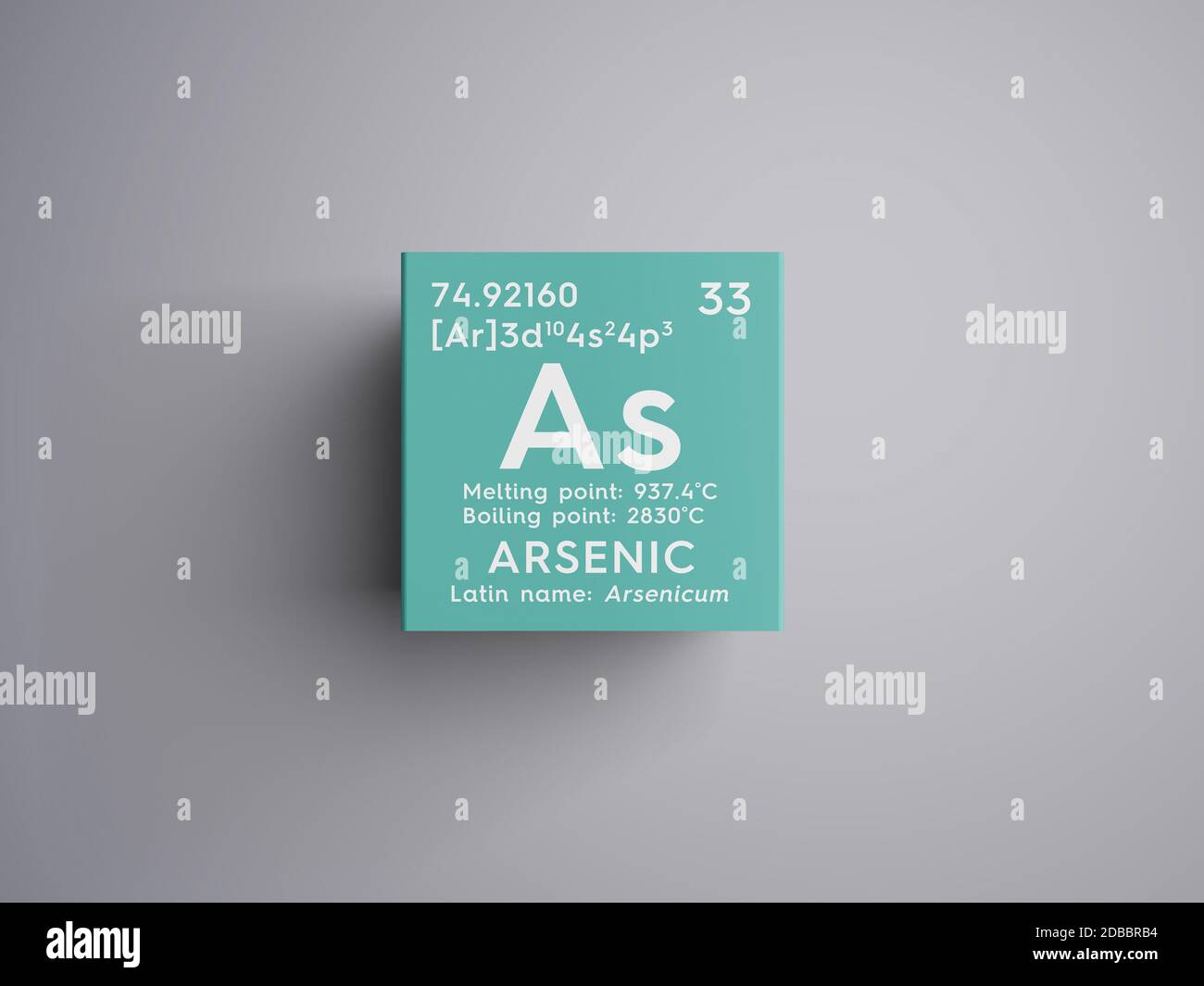 Arsen. Arsenicum Metalloide. Chemisches Element des Mendelejew Periodensystems. Arsen in quadratischen Würfel kreatives Konzept. 3D-Illustration. Stockfoto