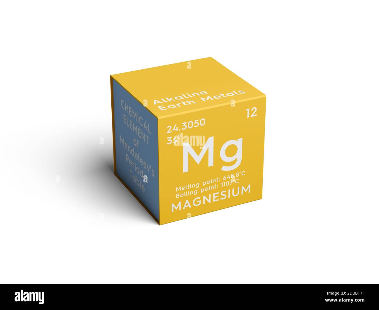 Magnesium. Erdalkali-Metalle. Chemisches Element von Mendelejews Periodensystem. Im quadratischen Würfel kreatives Konzept. 3D-Illustration. Stockfoto