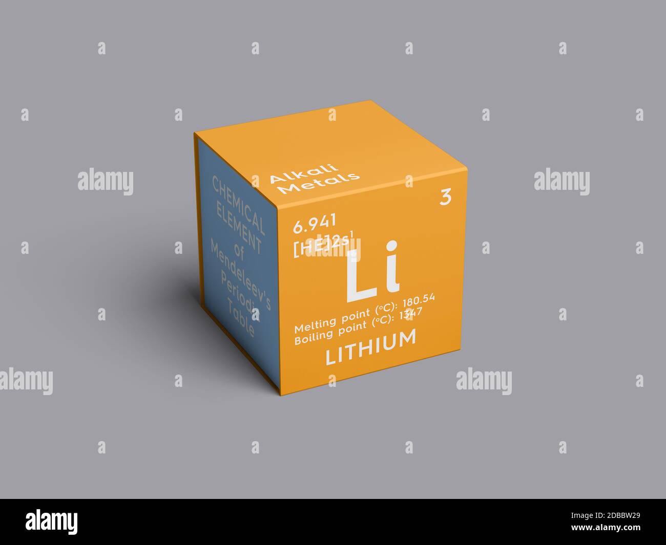 Lithium. Alkalimetalle. Chemisches Element des Mendelejew Periodensystems. Lithium im quadratischen Würfel kreatives Konzept. 3D-Illustration. Stockfoto
