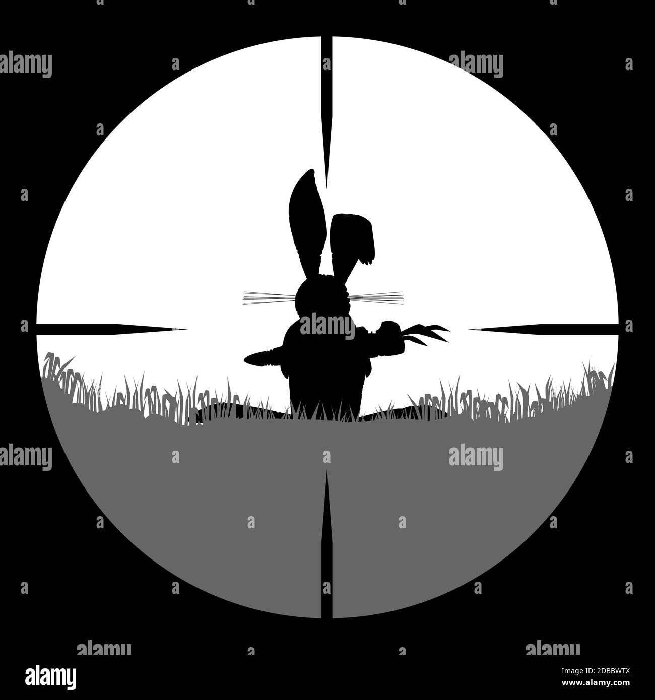Ein Kaninchen kauen auf eine Möhre durch ein Zielfernrohr betrachtet. Stockfoto