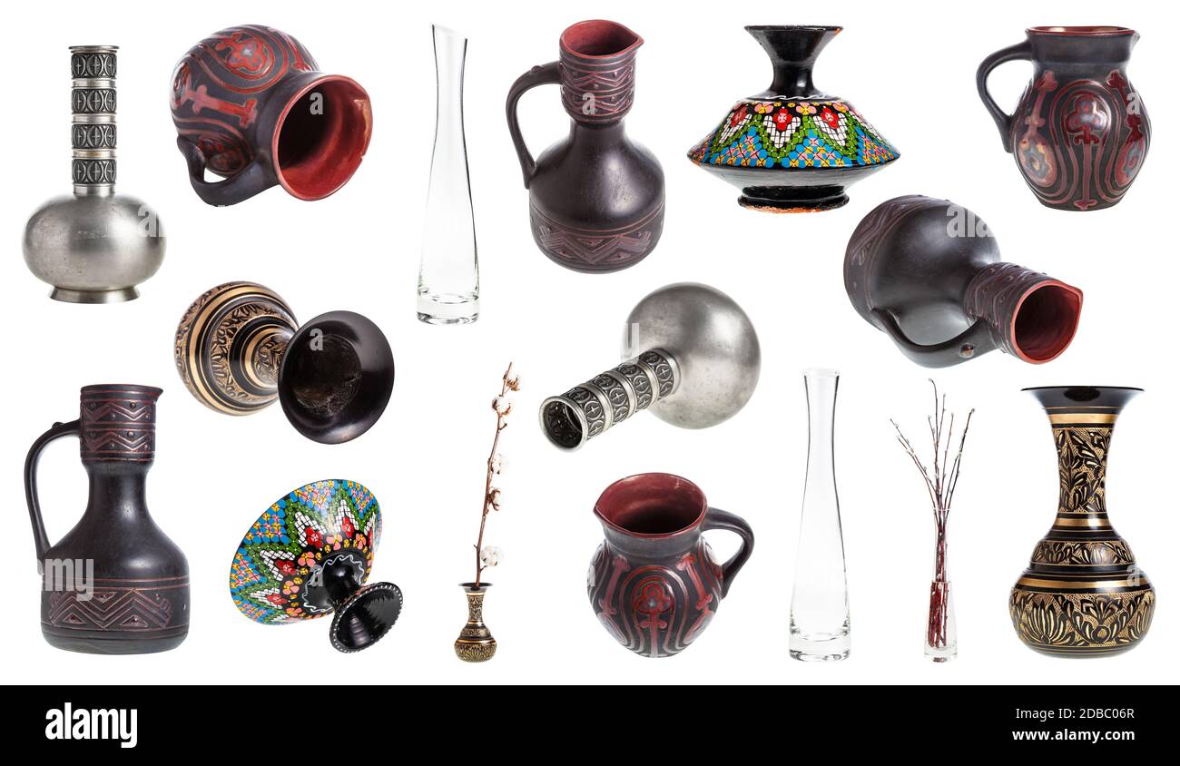 Set von verschiedenen Vasen und Krüge isoliert auf weißem Hintergrund Stockfoto