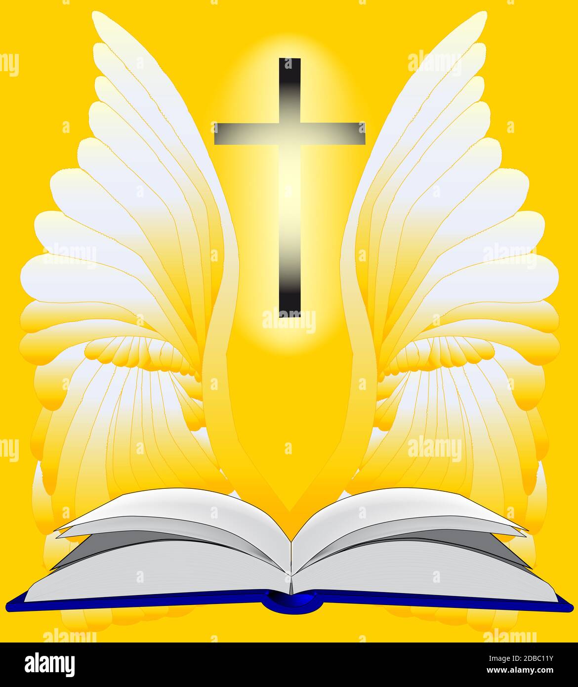 Eine aufgeschlagene Bibel im Licht und ein Schutzengel und Kruzifix umgeben. Stockfoto