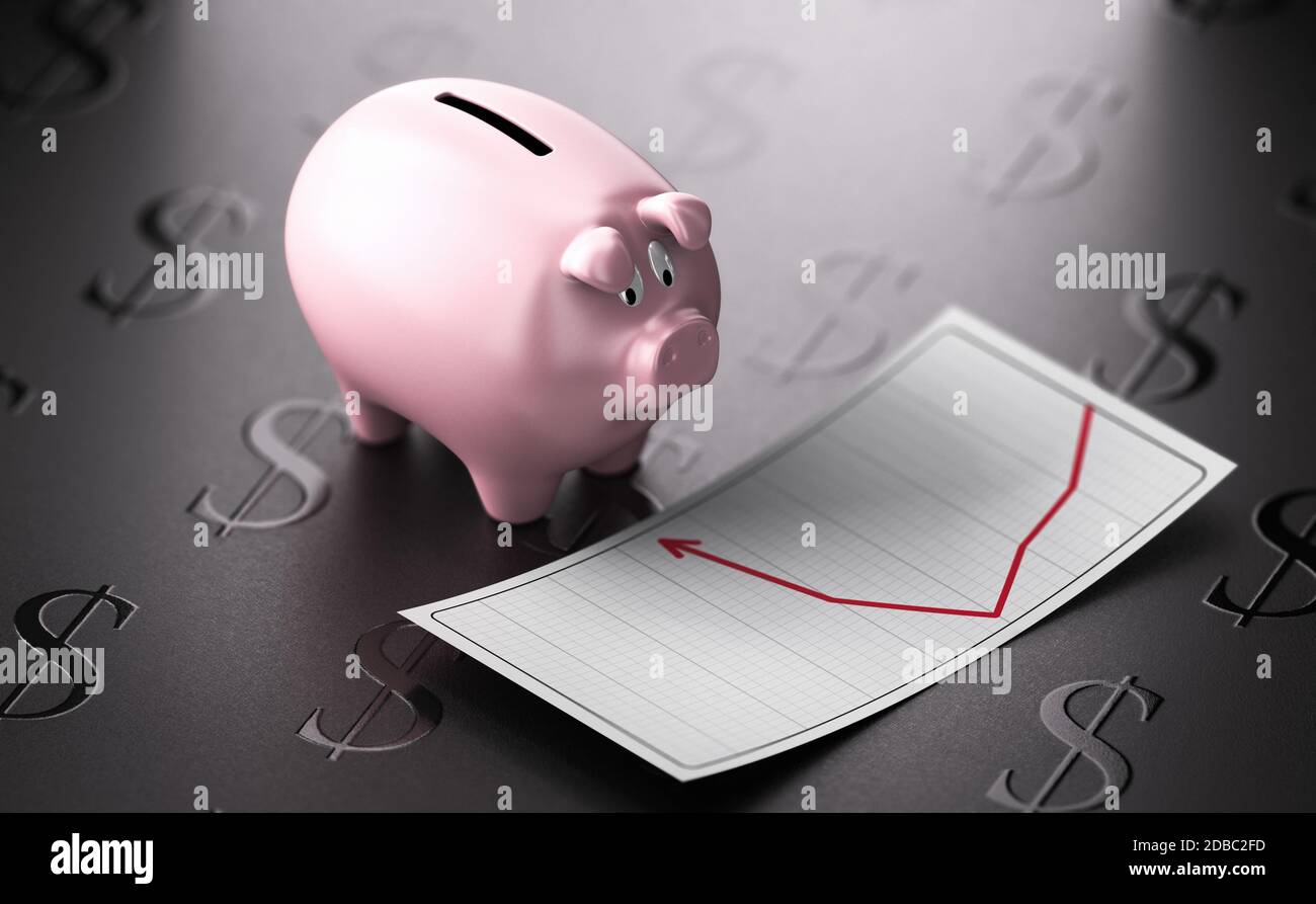 Sparschwein Angst vor einer grafischen Darstellung einer wirtschaftlichen Depression. Konzept des finanziellen Risikos oder riskanter Investitionen. 3D-Darstellung. Stockfoto