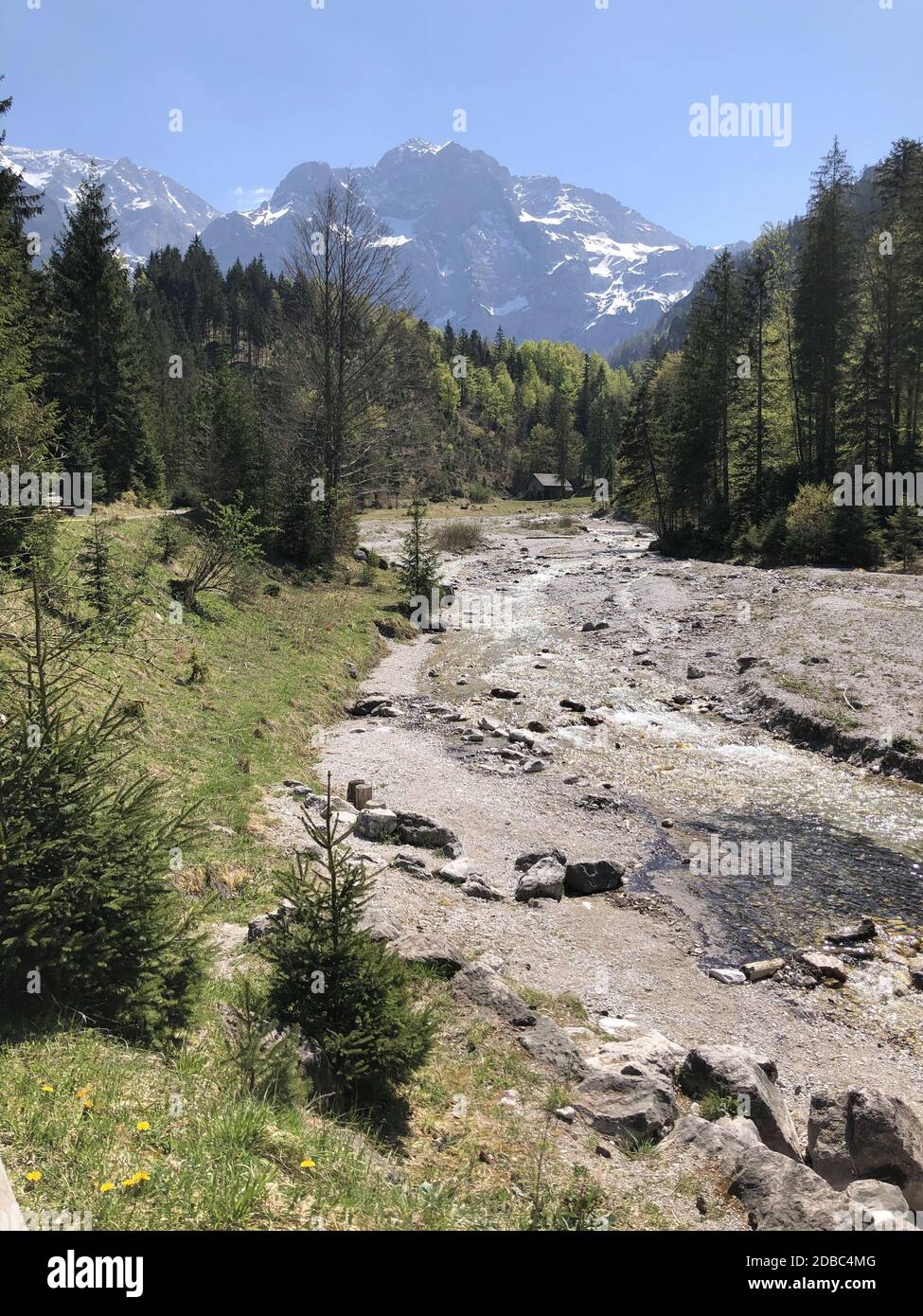 Gebirgskette und Bach in alpiner Landschaft bei GrÃ¼nau, Oberösterreich Stockfoto